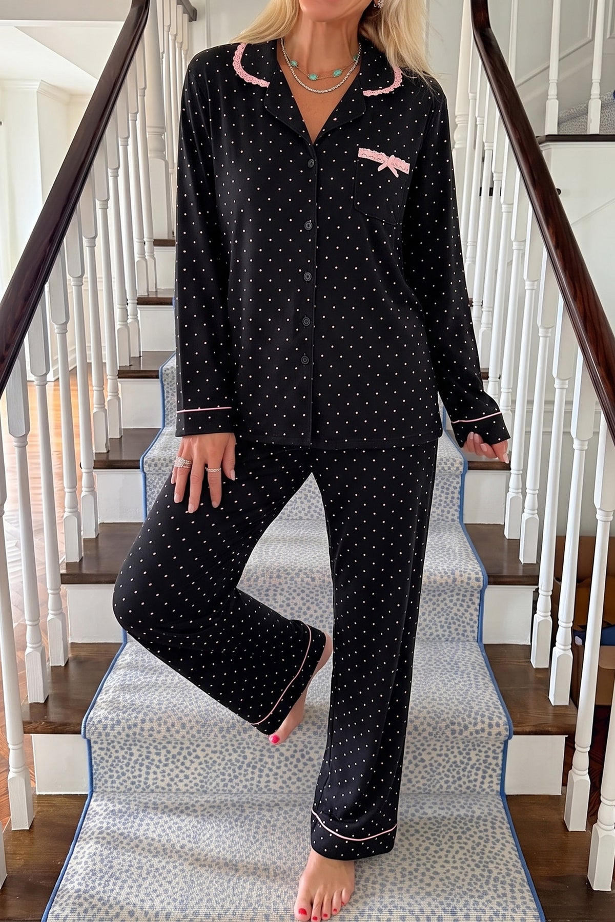 Black Polka Dot Long Sleeve Shirt Lace Detail Pajama Pants Set