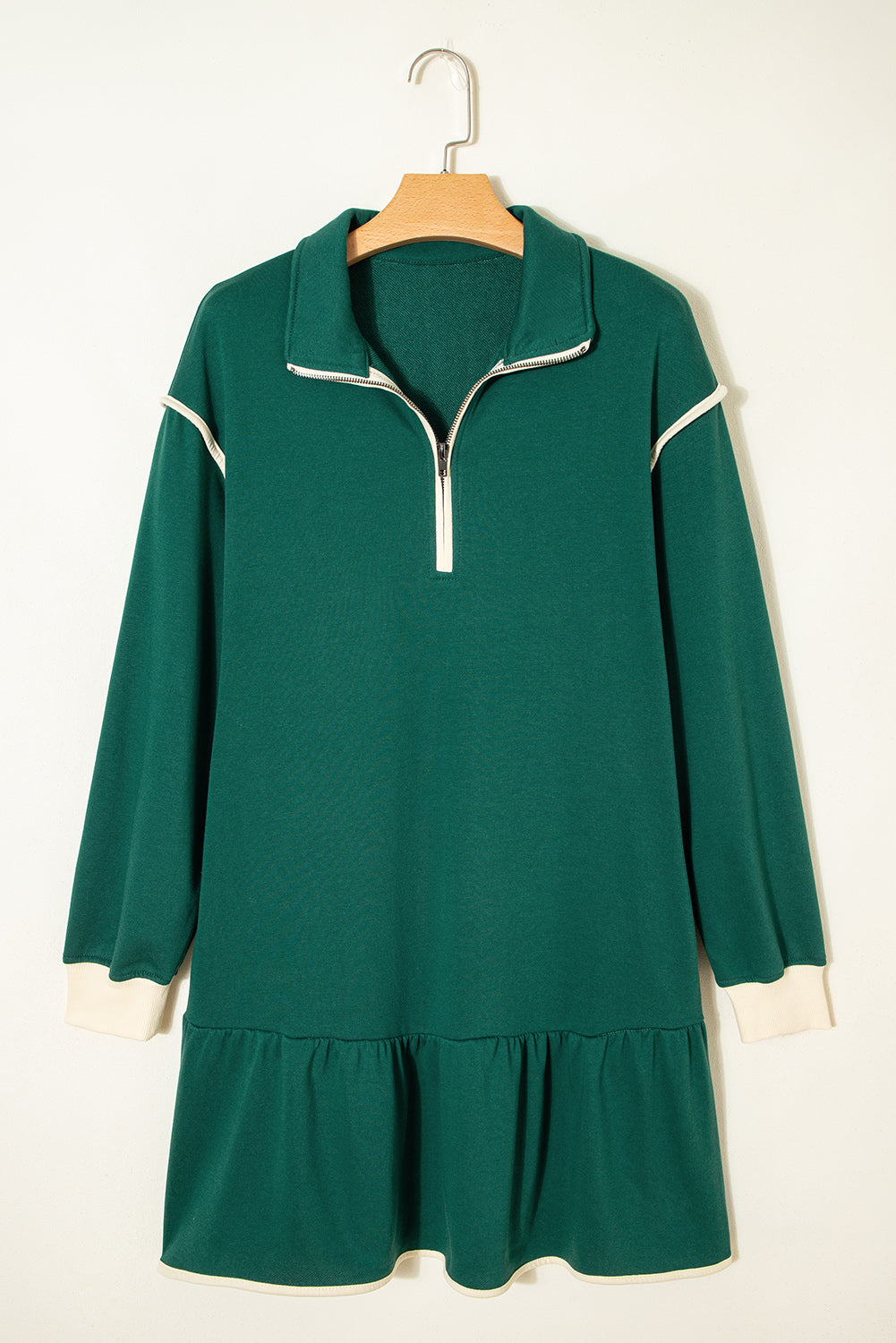 Evergreen Zip Collar Long Sleeve Ruffle Hem Mini Dress