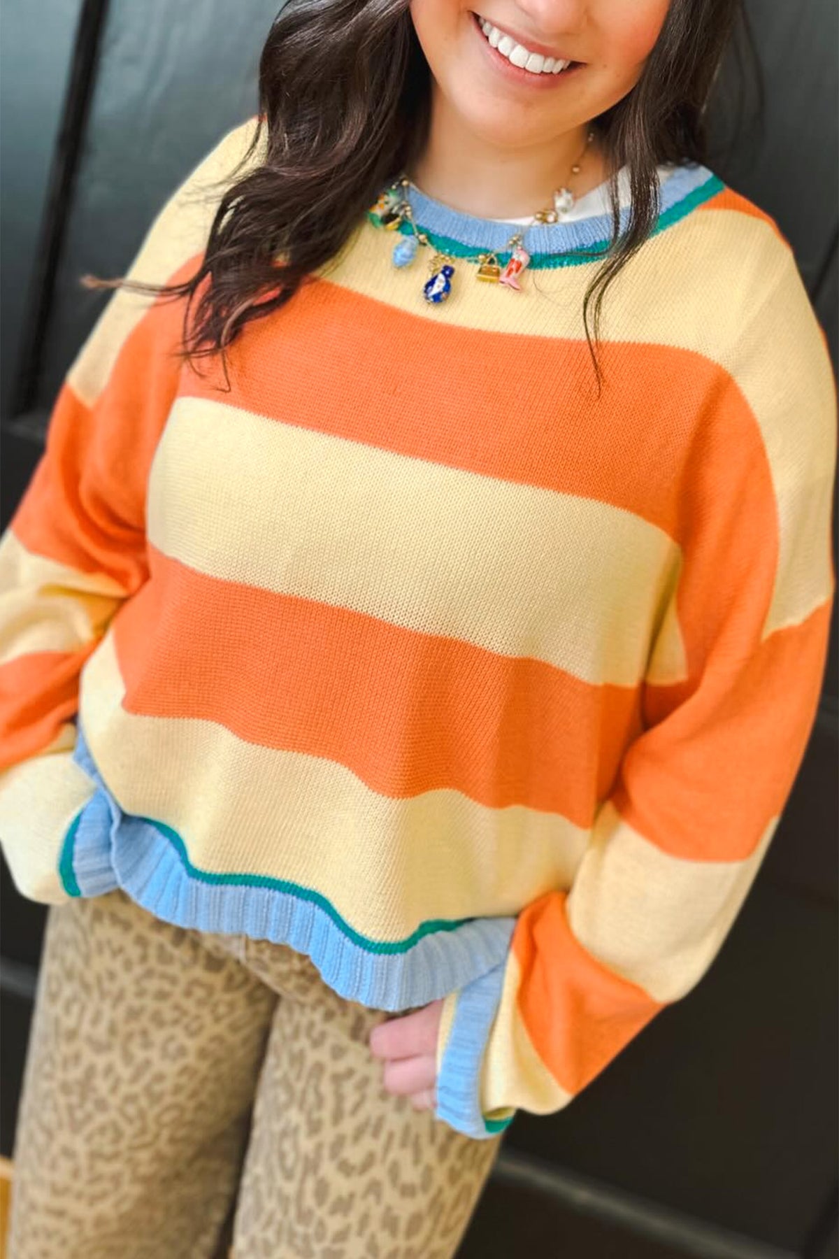 Yellow Stripe Striped Color-Block Round-Neck Long-Sleeve Oversized Plus Size Sweater