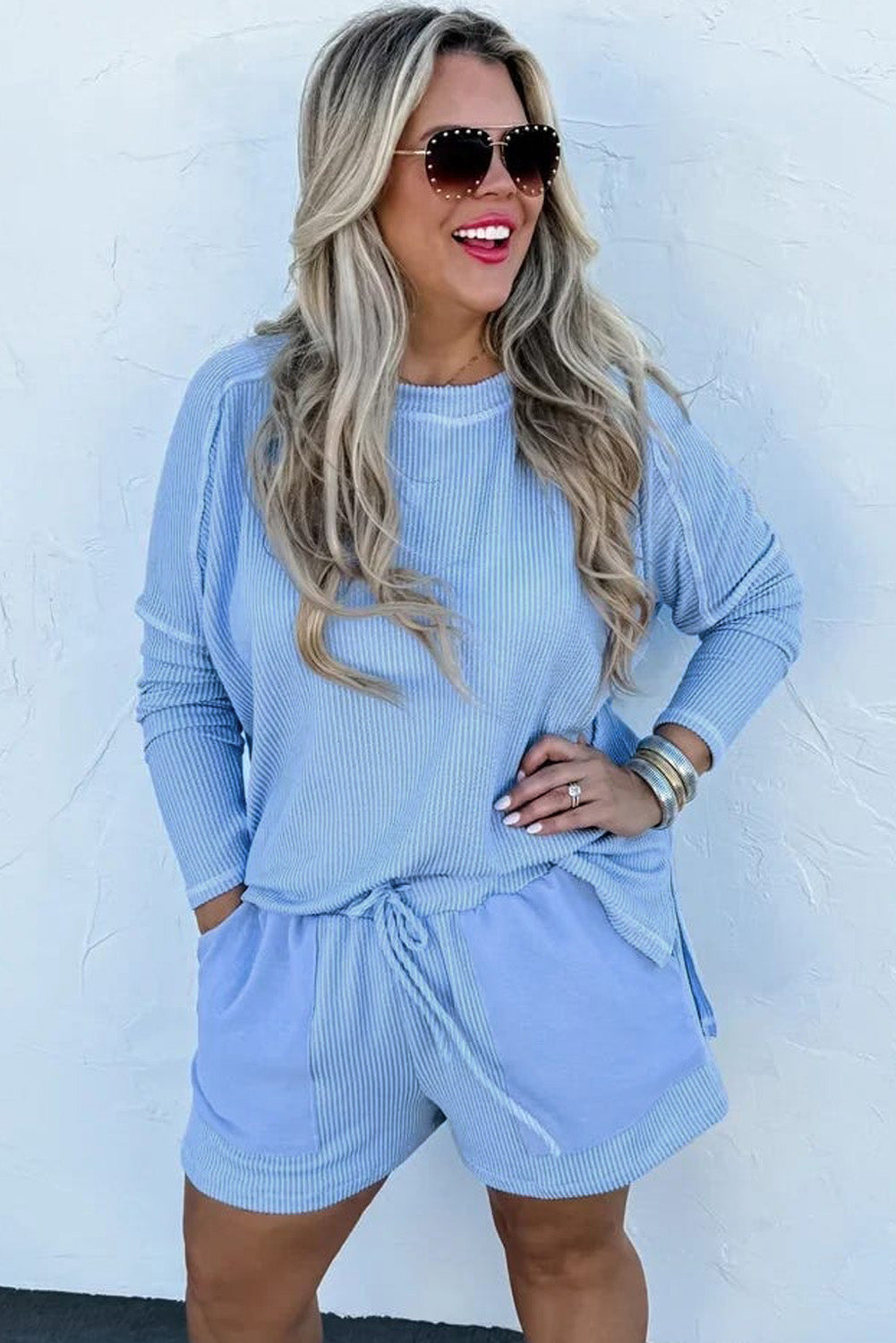 Light Blue Plus Size Ribbed Long-Sleeve Top and Drawstring Shorts Set