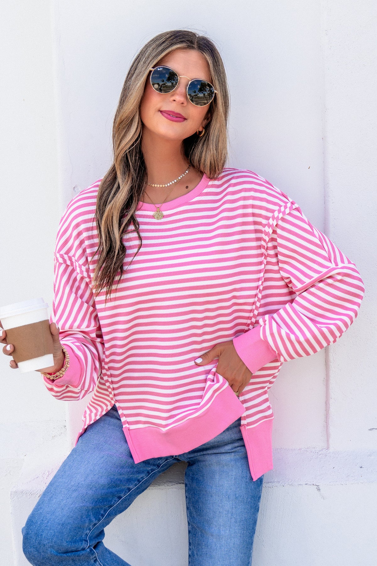 Pink Stripe Textured Knit Color Block Trim Top