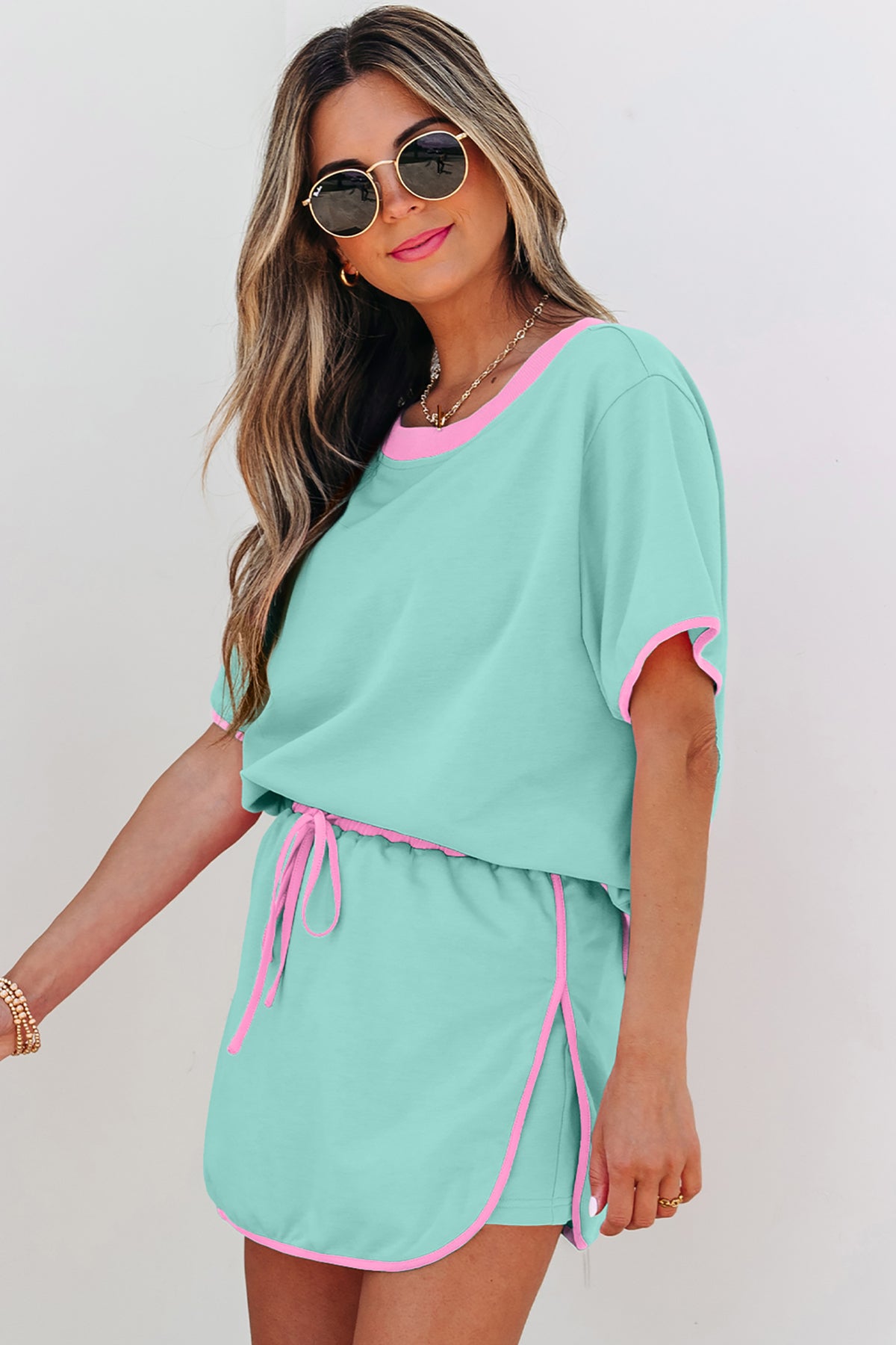 Women's Apricot Colorblock Edge Drop Shoulder T Shirt and Skort Two-Piece Set