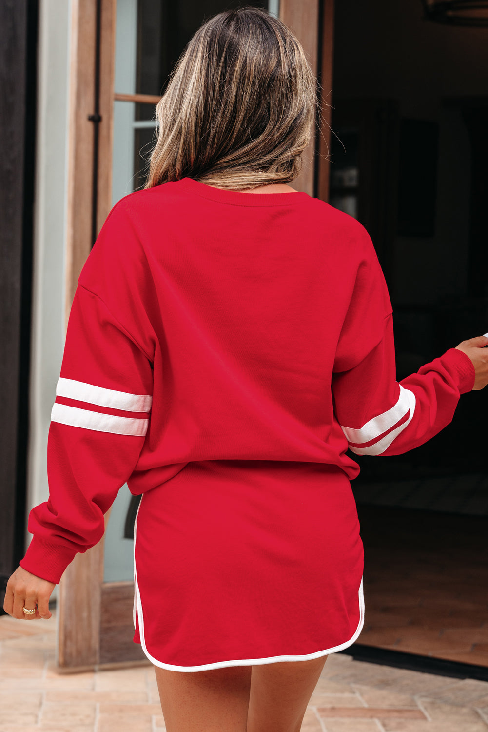 Women's Tillandsia Purple Varsity Stripe Detail Drop Shoulder Pullover Mini Skort Two-Piece Set