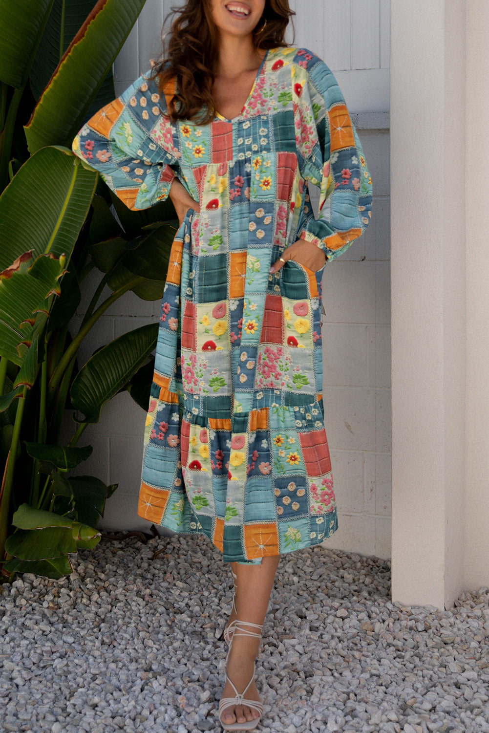 Sky Blue Mix Floral Checkered Bubble Sleeve Ruffle Hem Dress