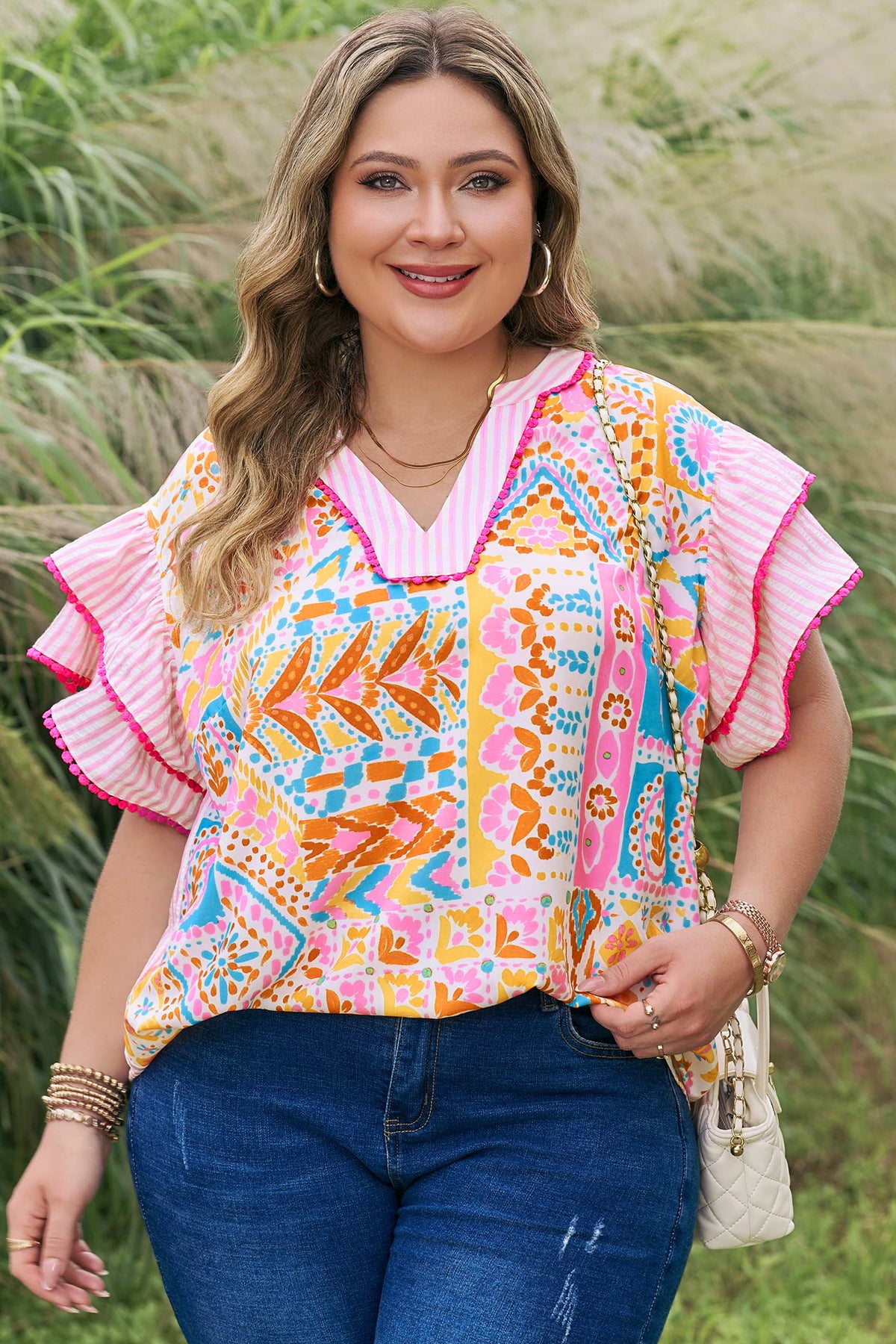 Rose Plus Size Geometric Print Contrast Trim Striped V-Neck Blouse