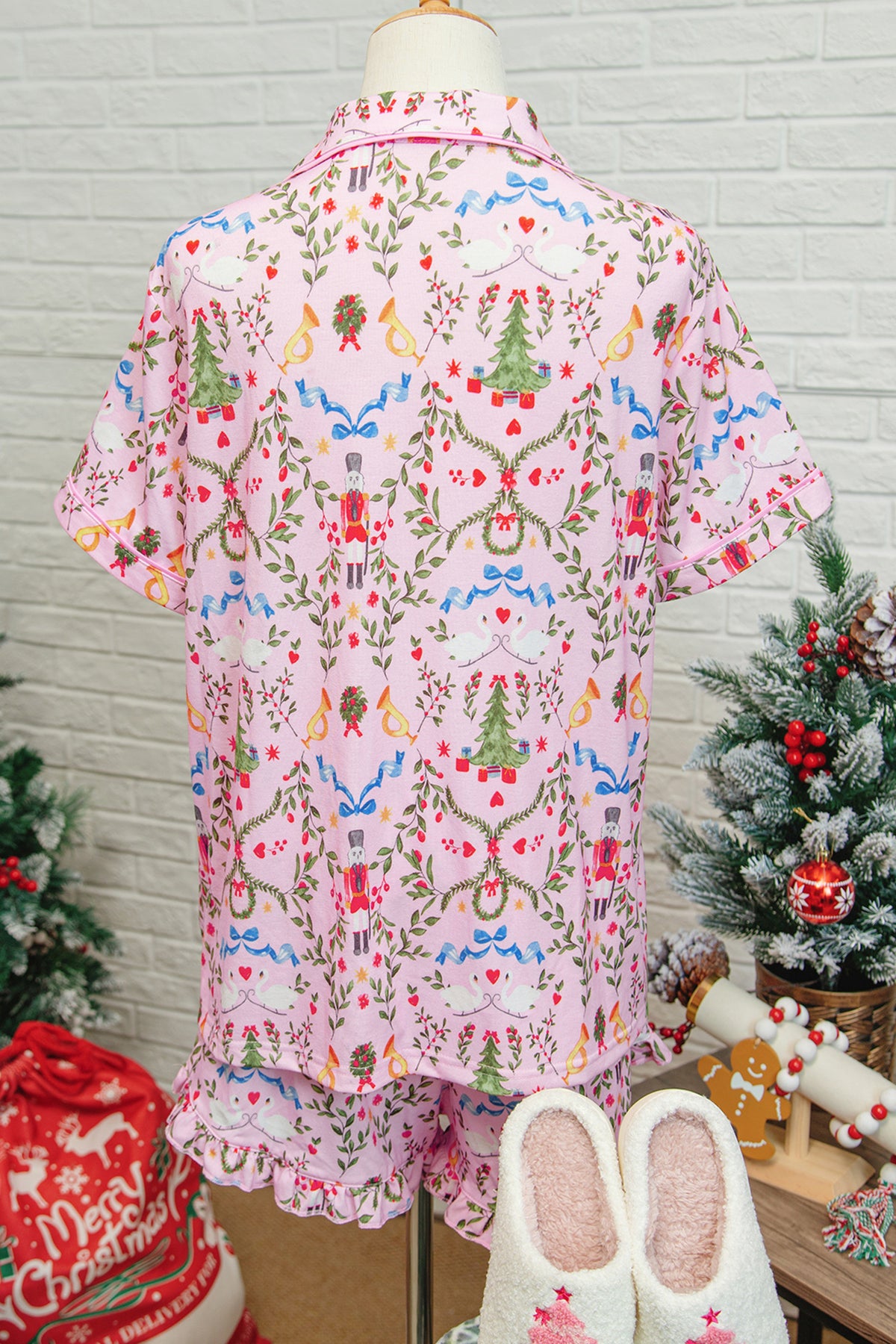 Pink Nutcracker Doll Christmas Print Tie Waist Short Pajama Set