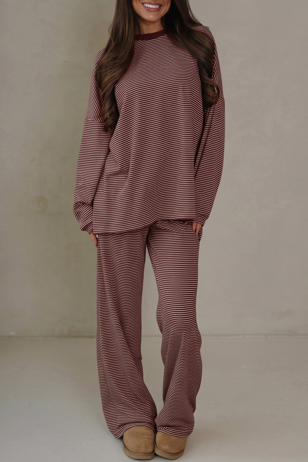 Women's Blue Stripe Contrast Trim Round Neck Oversize Long-Sleeve Top Two-Piece Pants Set