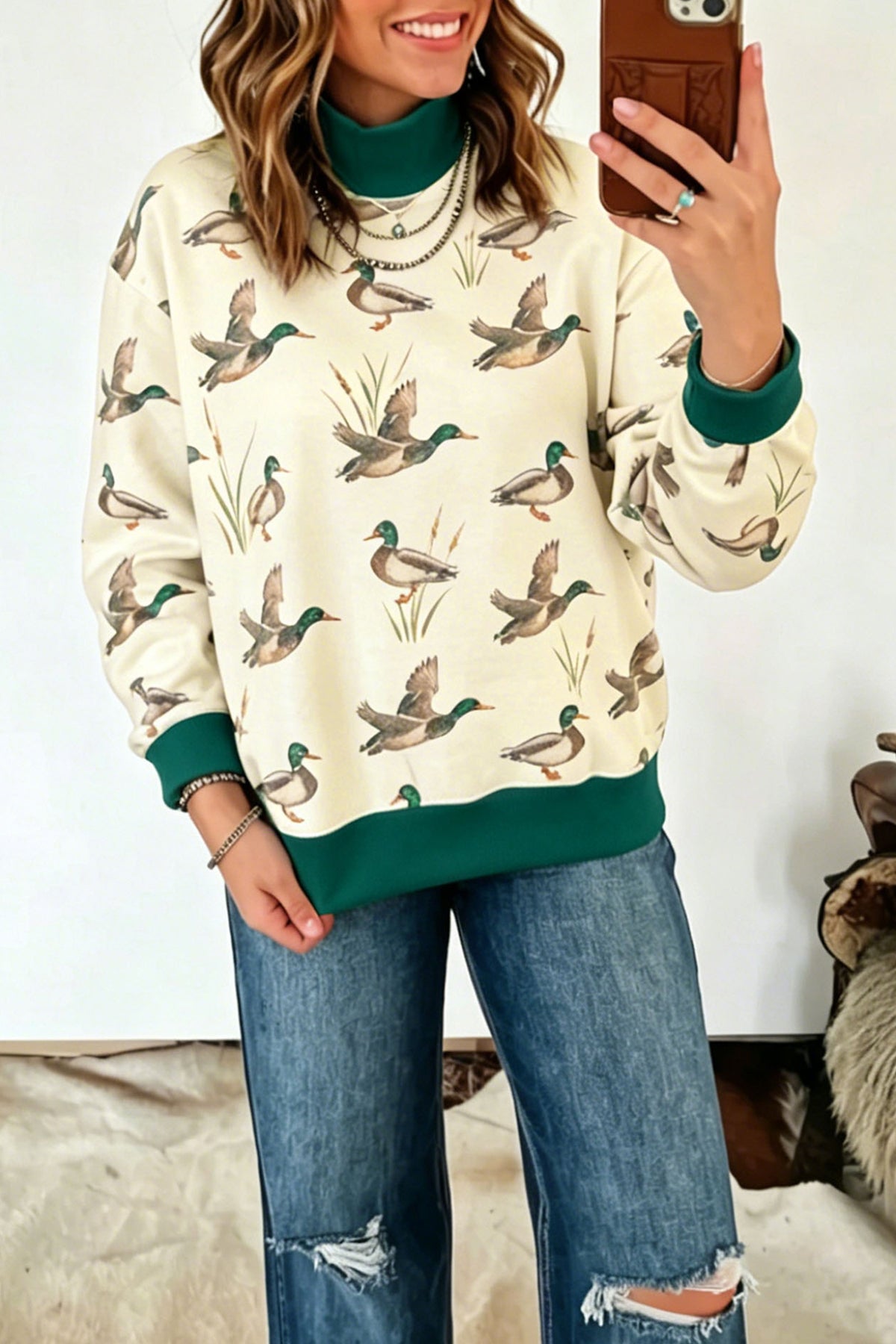 Multicolour Mallard Print Colorblock High Neck Sweatshirt