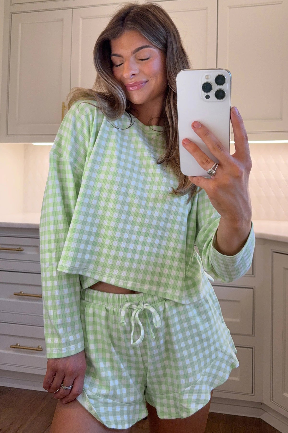 Green Gingham Long Sleeve Loose Top Drawstring Shorts Lounge Set