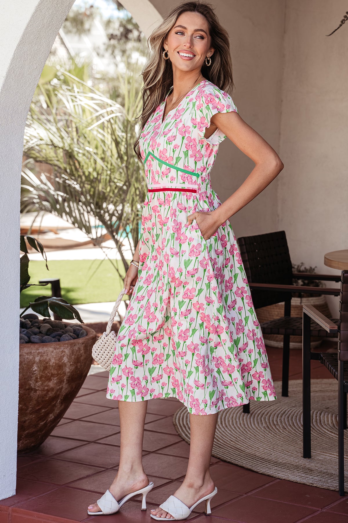 Pink Floral Print V Neck Short Sleeve Elegant Midi Dress