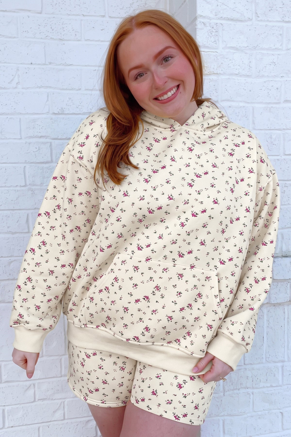 Beige Floral Print Hooded Long-Sleeve Plus Size Set