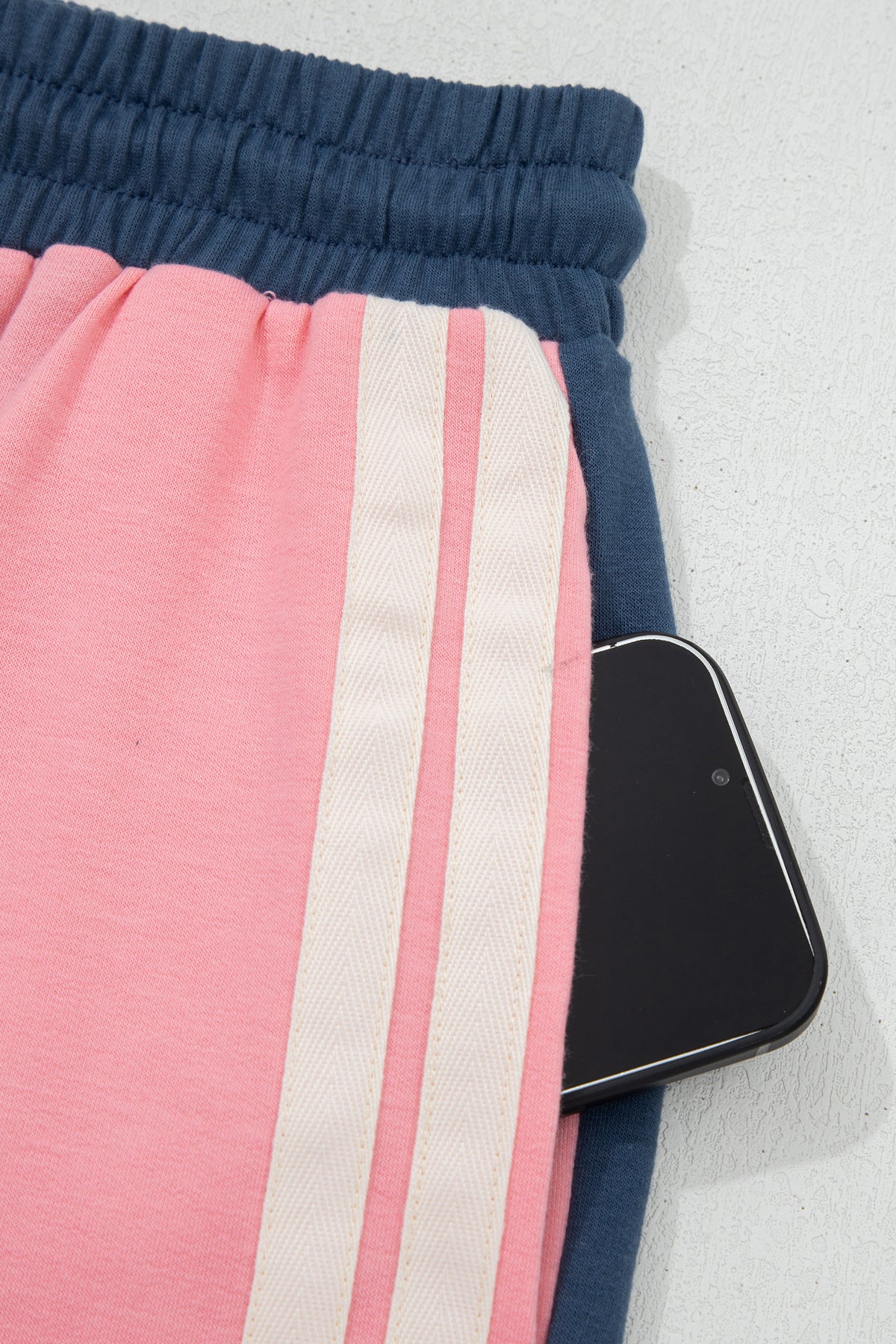 Pink Color Block Patchwork Varsity Striped Drawstring Elastic Shorts