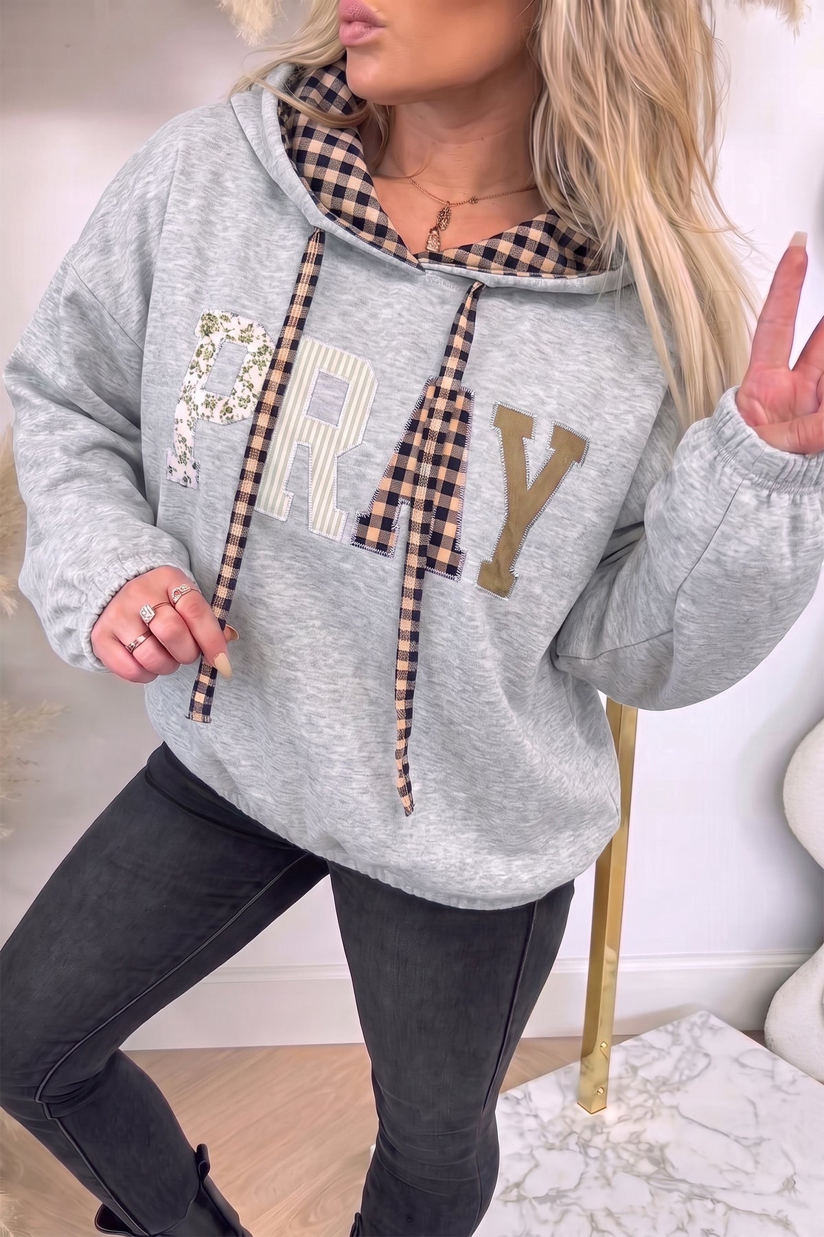 Black PRAY Mix Pattern Plaid Contrast Drawstring Hoodie