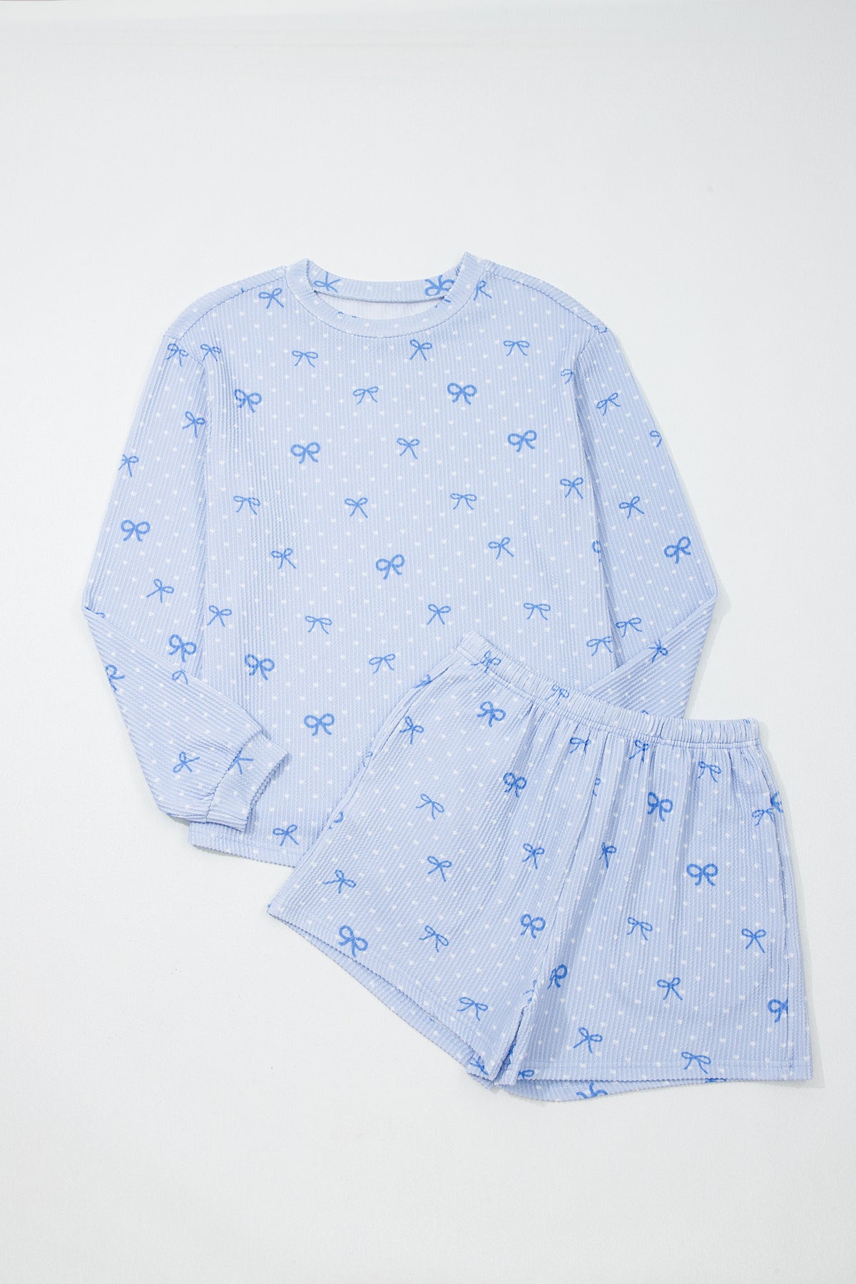 Women's Sky Blue Valentines Bow Print Twisted Rib Loose Long-Sleeve Top Two-Piece Shorts Set