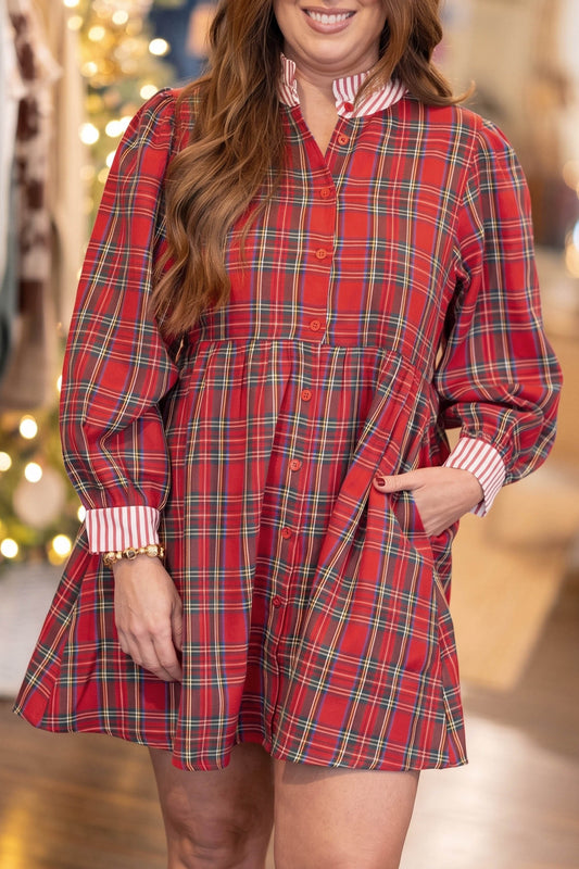 Red Plaid Striped V Neck Collar Cuff Shift Plus Size Dress
