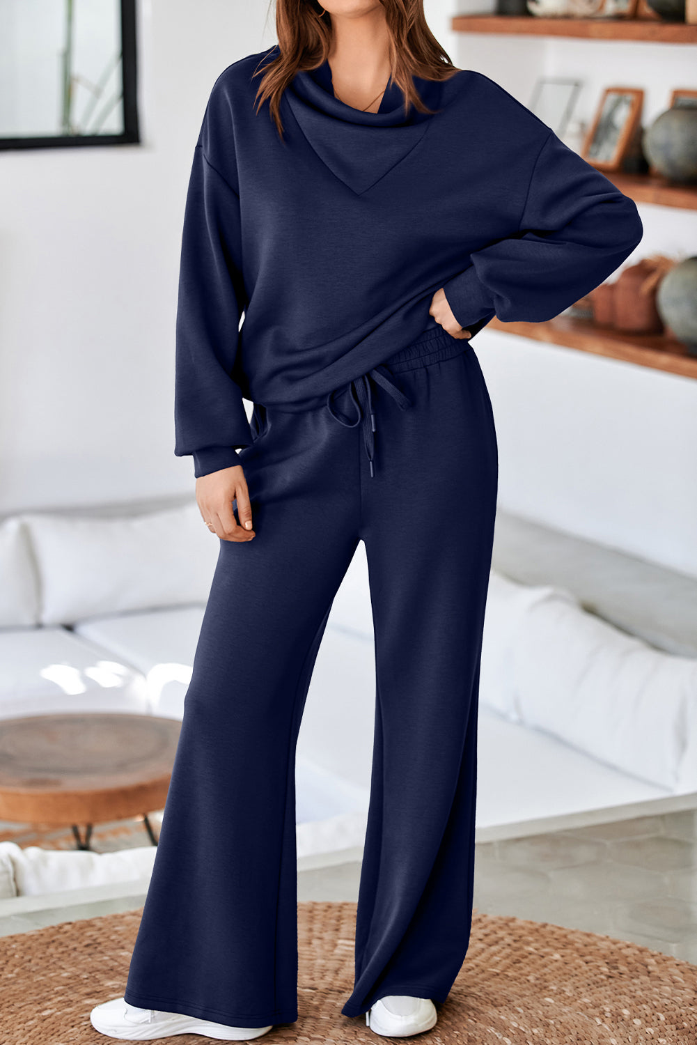 Women's Dusk Blue Cowl Neck Drawstring Pullover Wide-Leg Athleisure Pants Set