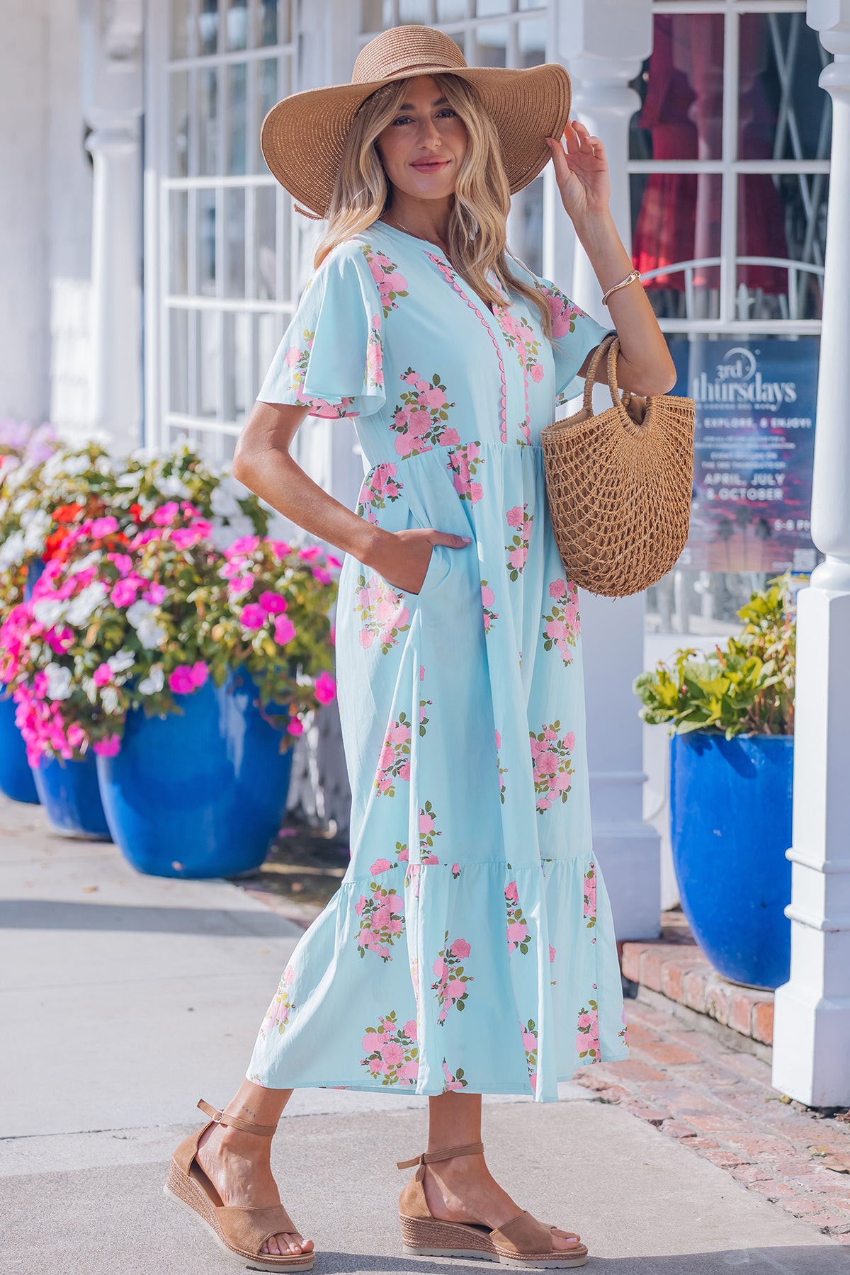 Sky Blue Notched Neck Flutter Short Sleeve Floral Print Maxi Dress