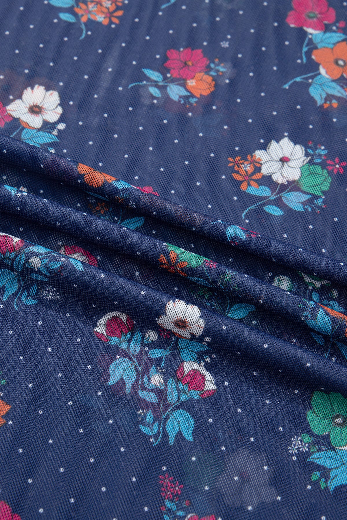 Blue Polka Dot Floral Mesh High Neck Sheath Top