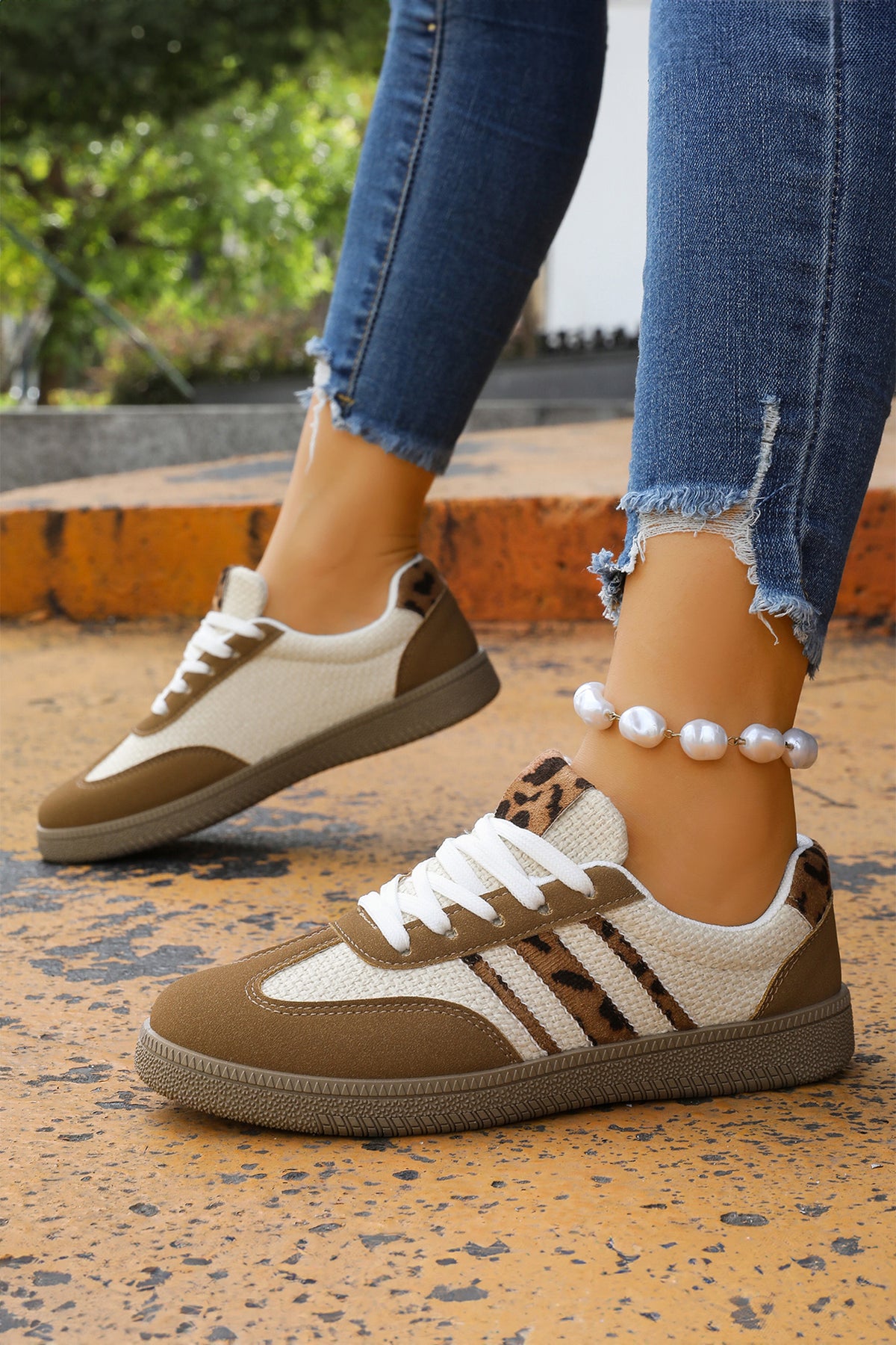 Coffee Color Block Leopard Patchwork Lace-up Sneakers