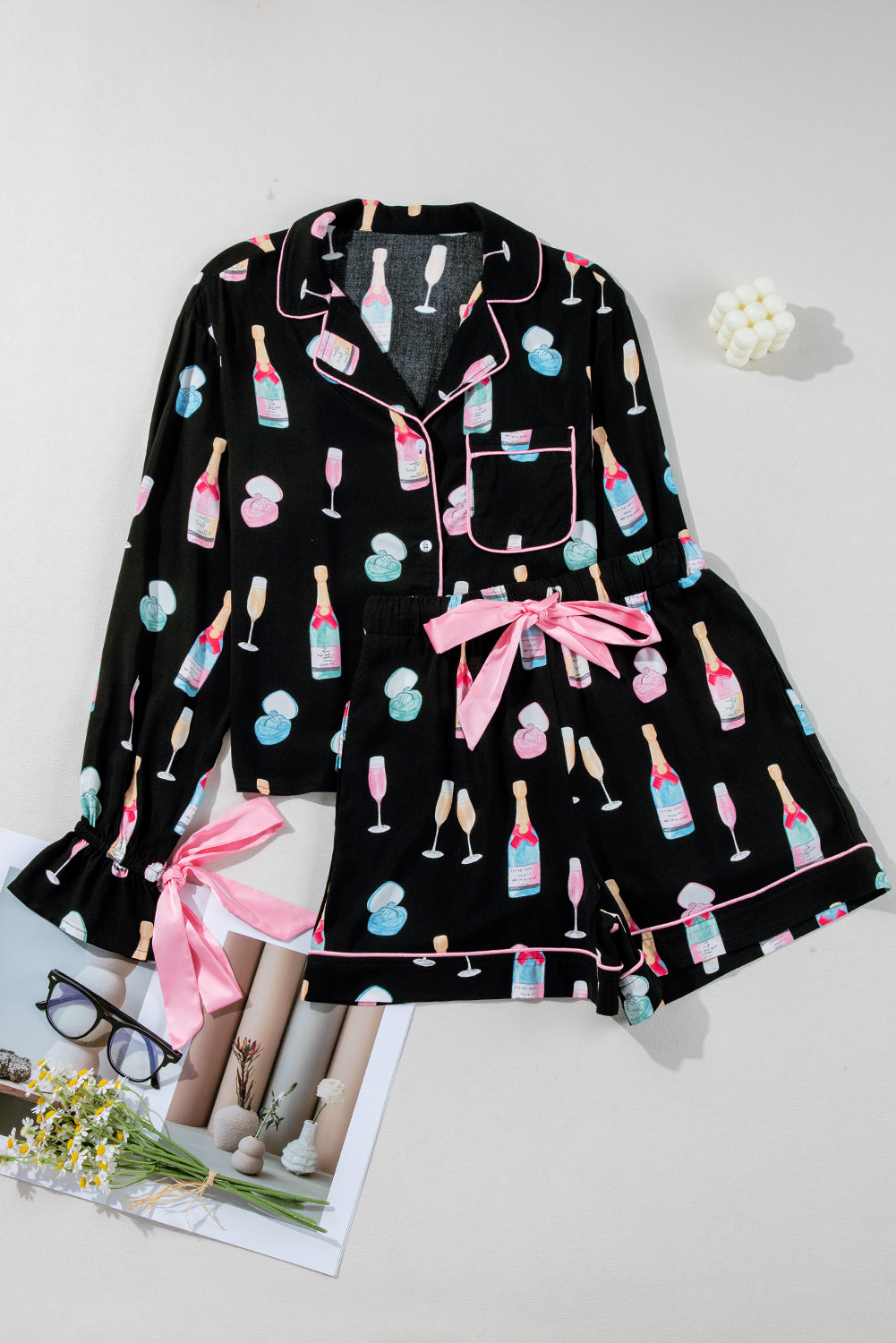 Black Christmas Wine Glass Print Bow Knot Pajama Set