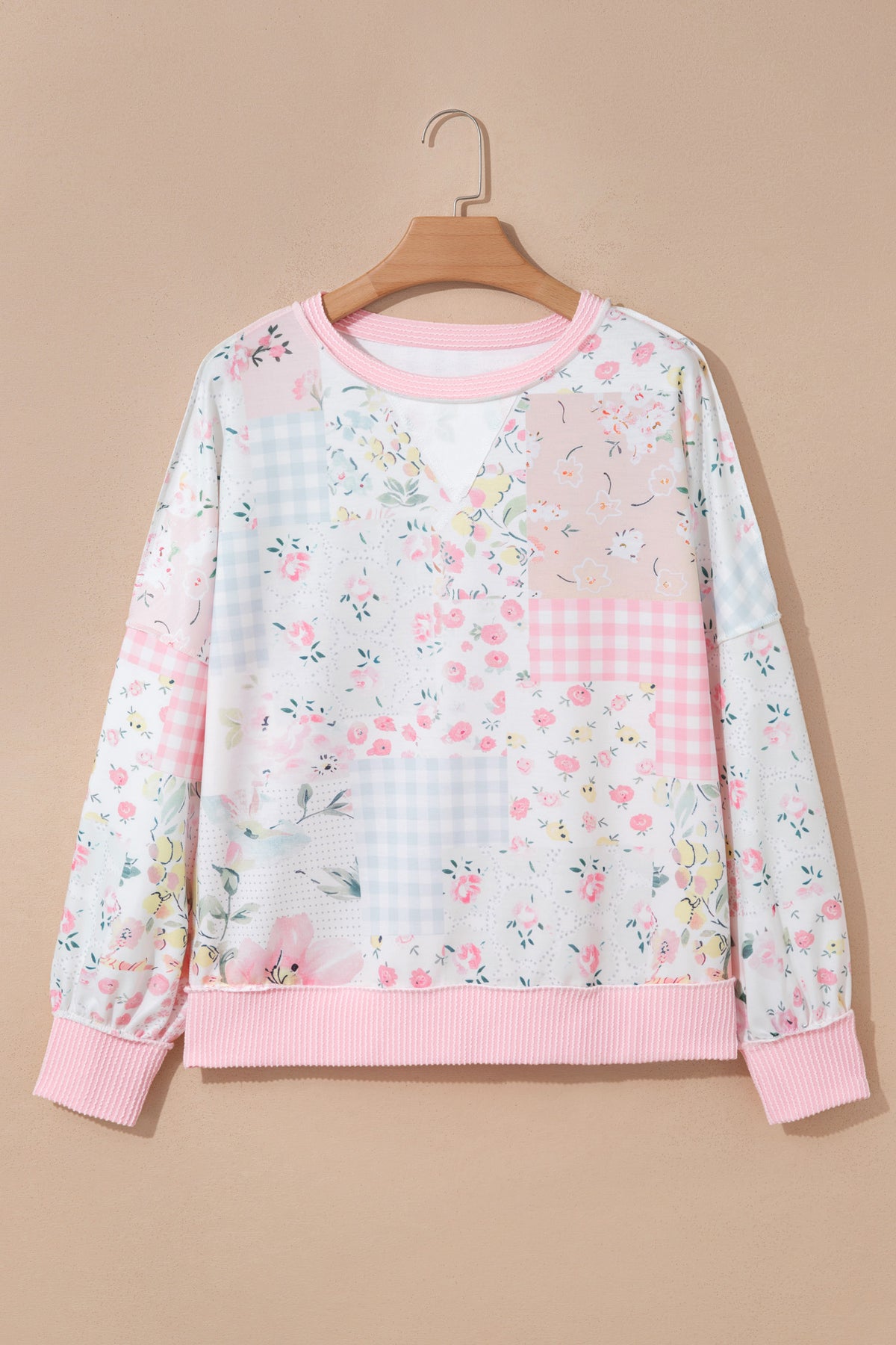 Pink Twisted Ribbed Trim Floral Print Patchwork Top