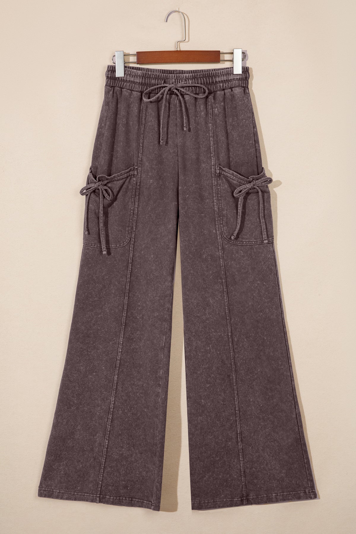 Dark Brown Cotton Mineral Wash Elastic Waist Drawstring Tie Cargo Pants