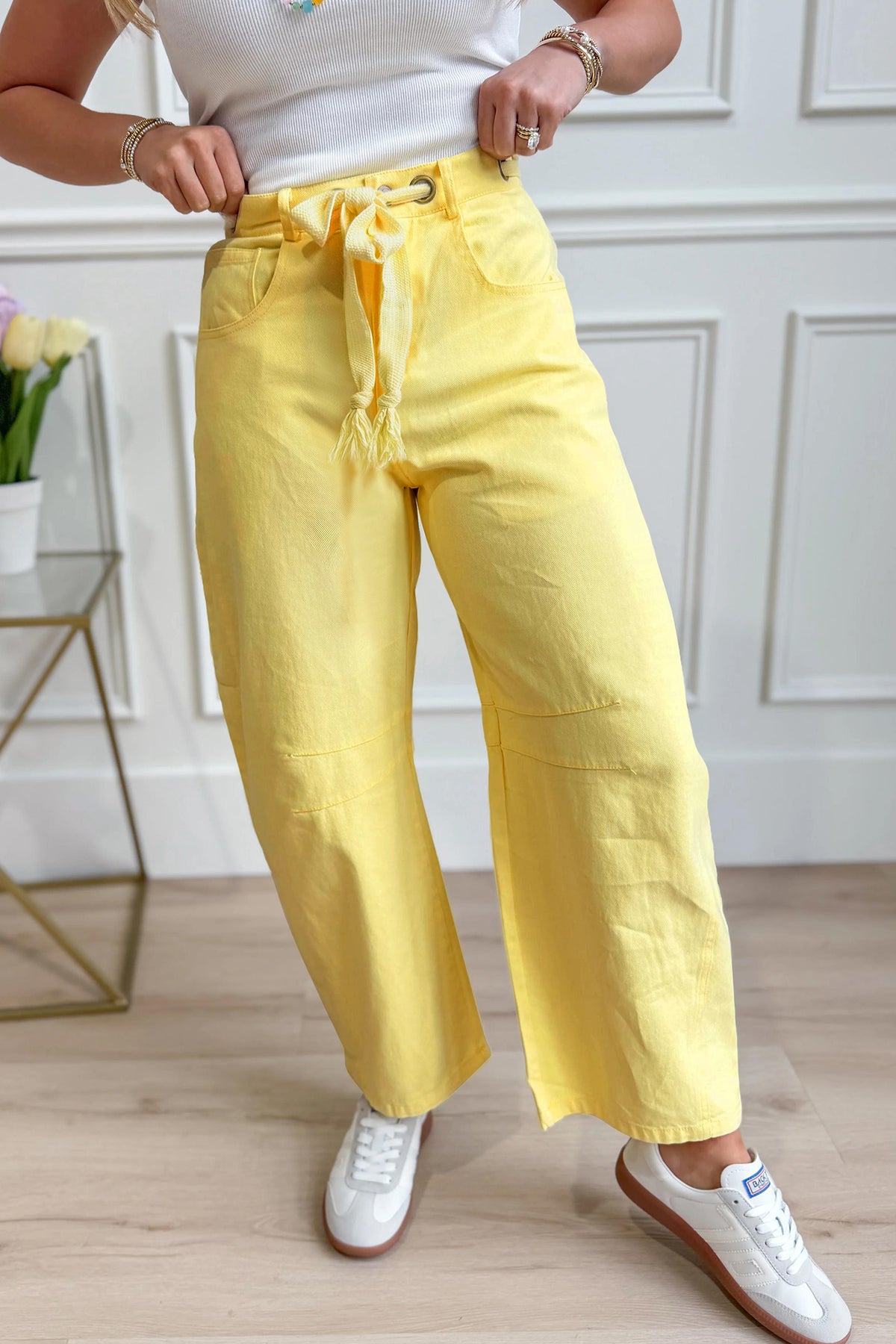 Yellow Solid Grommet Knot Waist Barrel Jeans