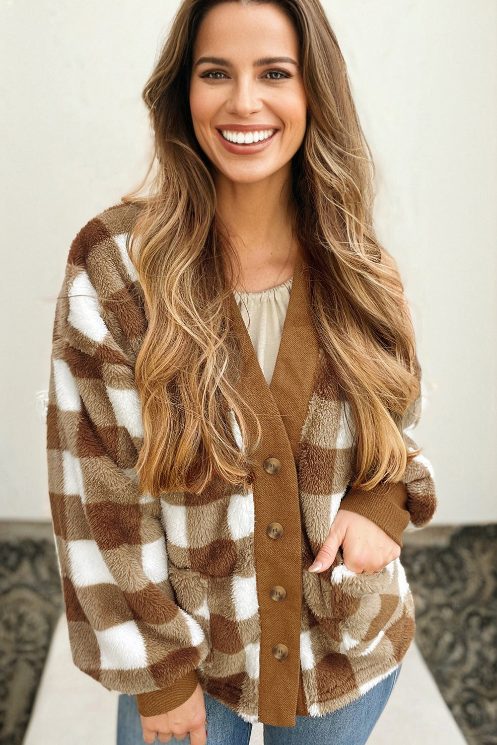 Brown Checkered Sherpa Loose Knit Cardigan with Pockets