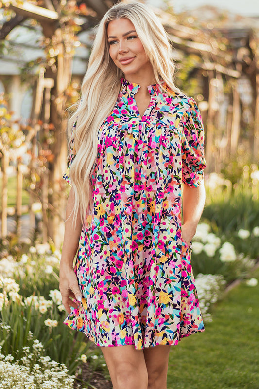 Pink Floral Puff Short Sleeve V Neck Mini Dress