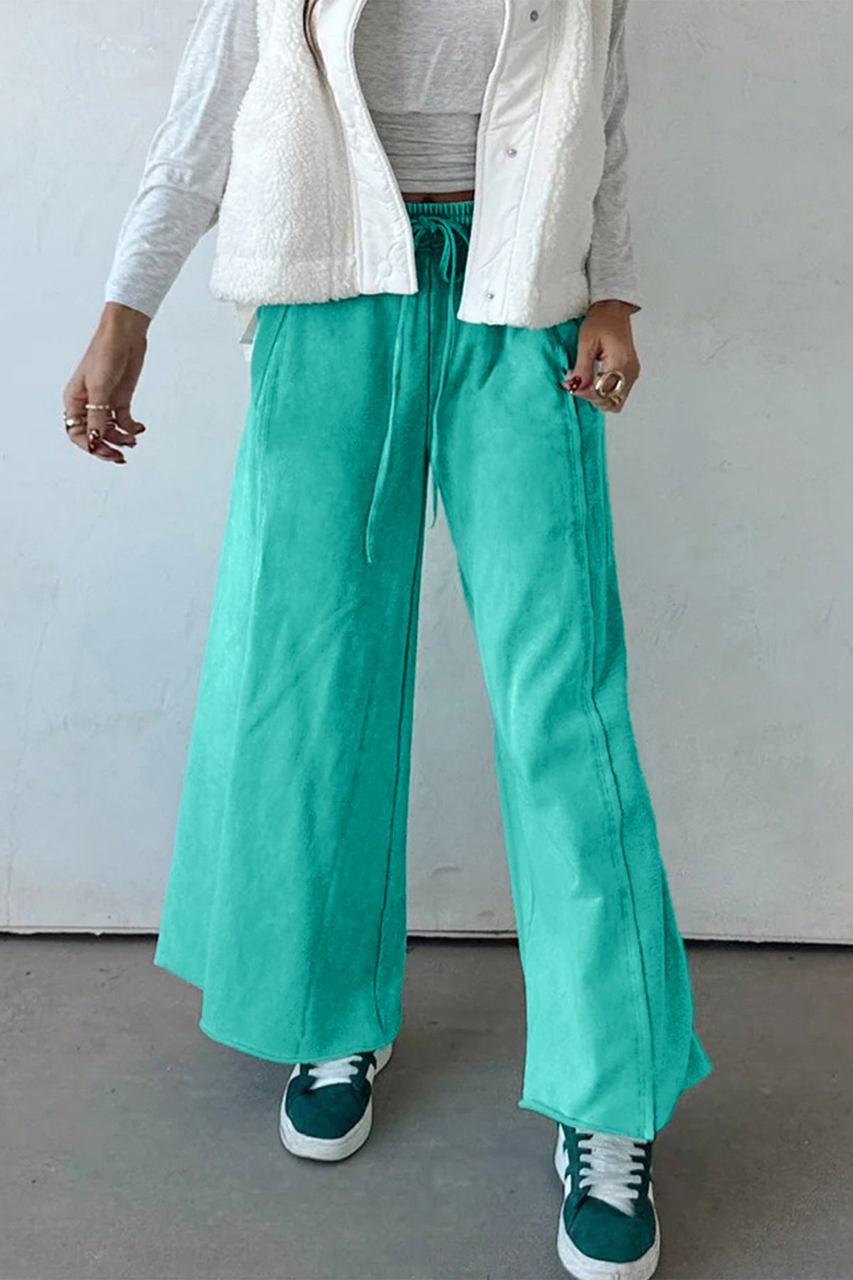 Sea Green Mineral Wash Drawstring Elastic Waist Raw Hem Loose Pants