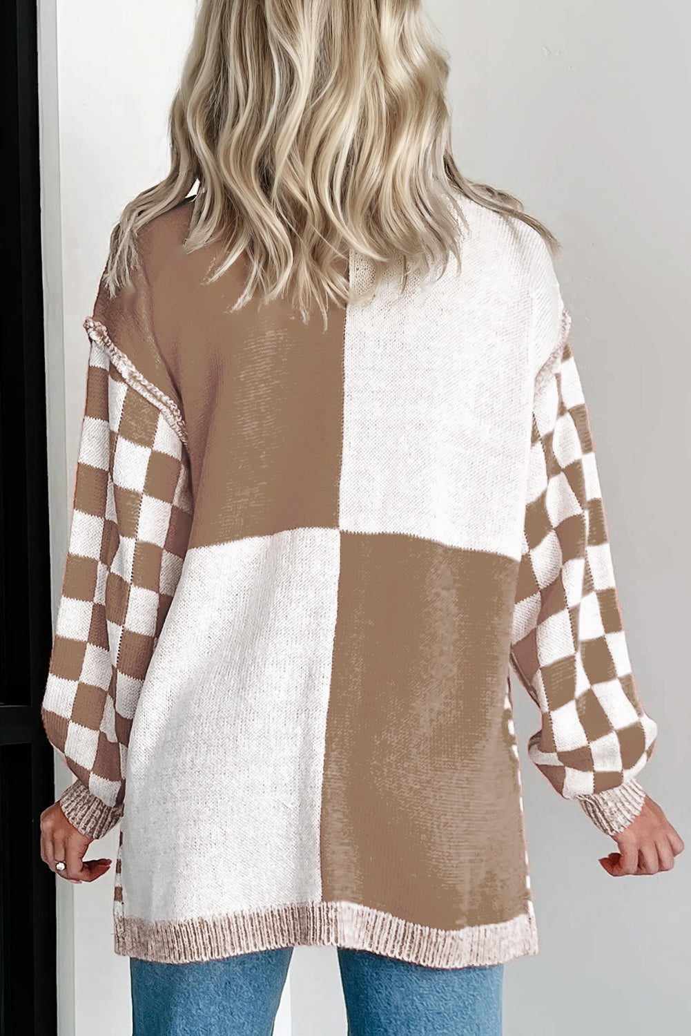 Orange Plus Size Checkered Bubble Sleeve Drop-Shoulder Open Cardigan