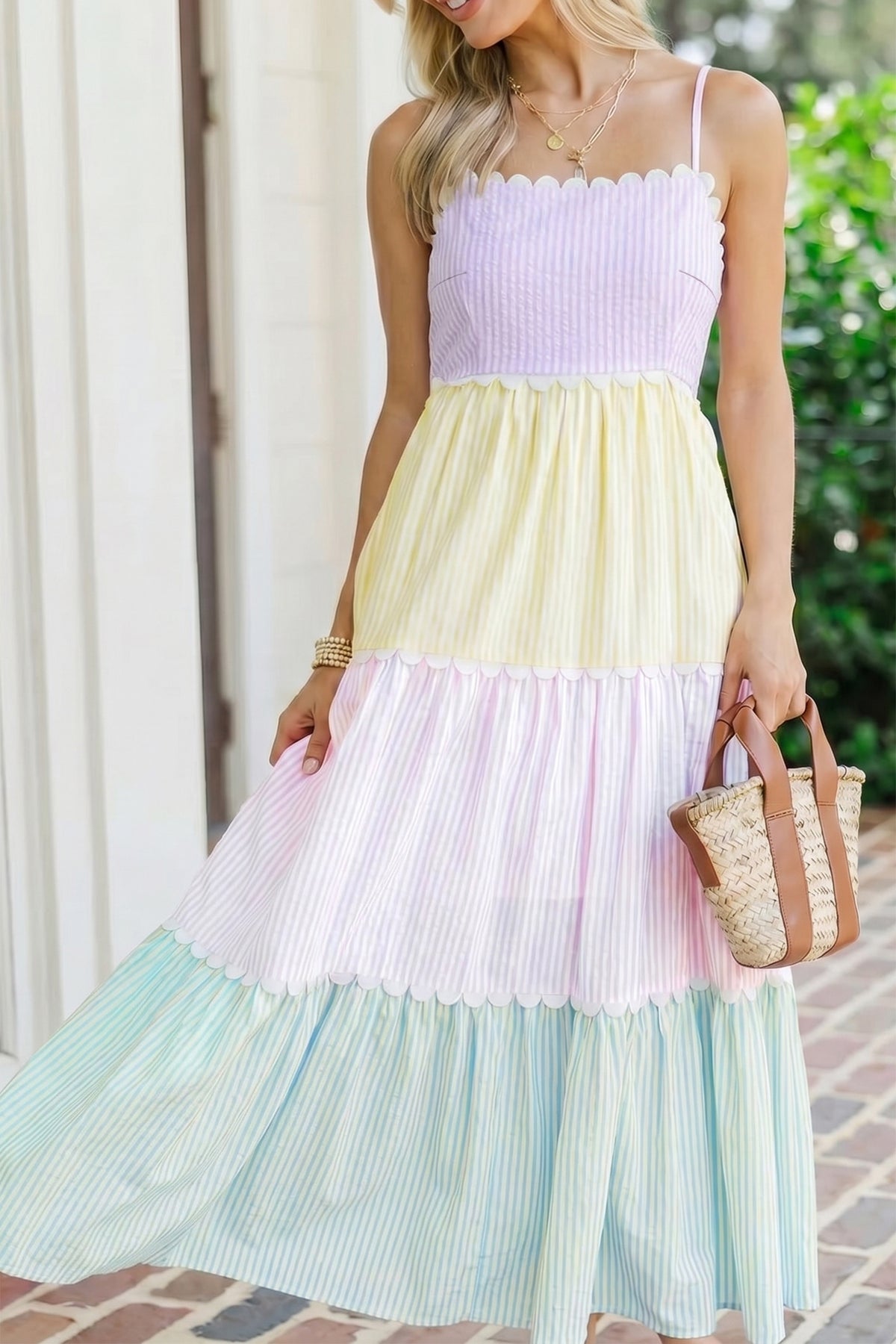 Multicolour Striped Colorblock Adjustable Strap Scalloped Long Dress