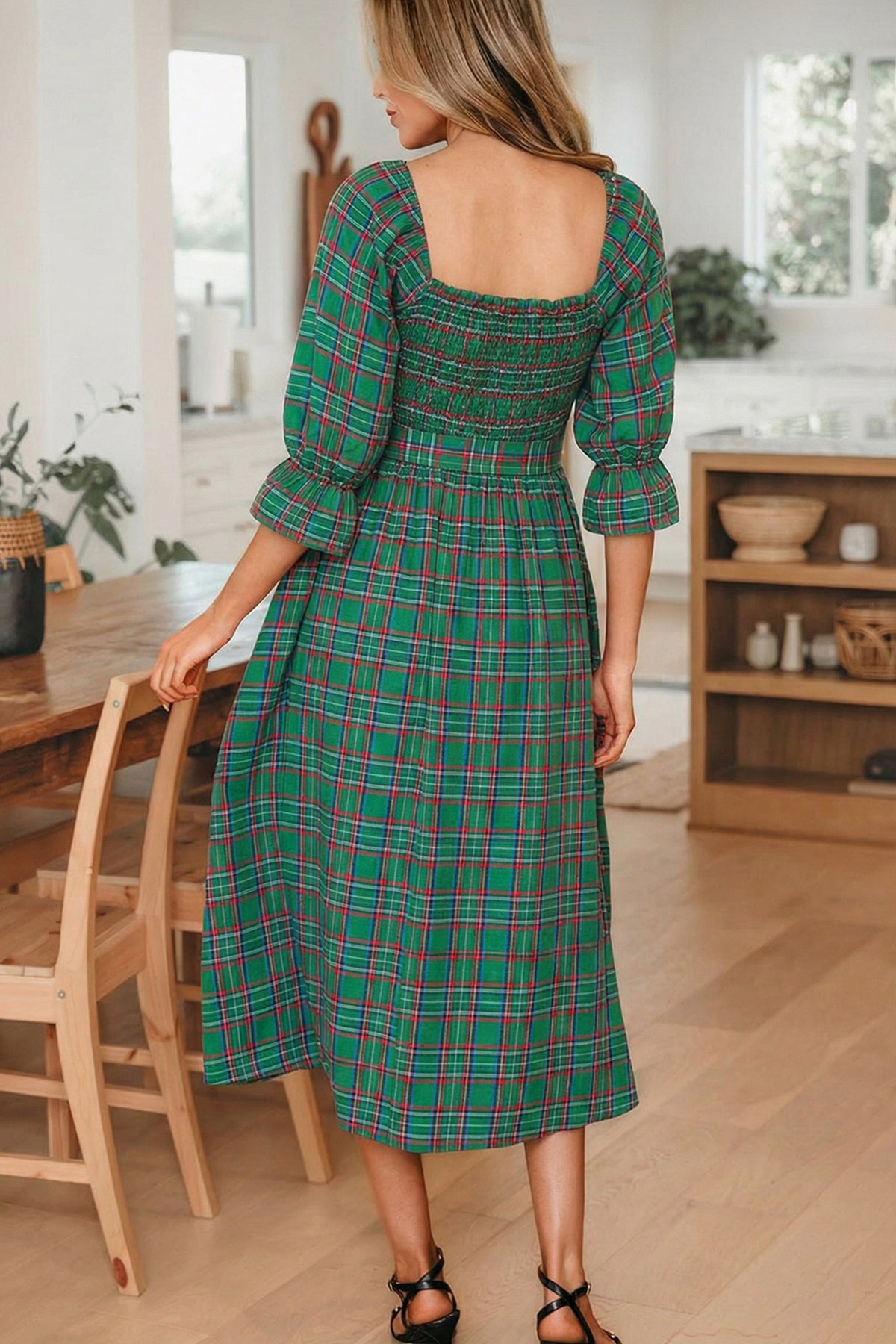 Green Tartan Plaid Square Neck Puff Sleeve Waist Flared Midi Dress