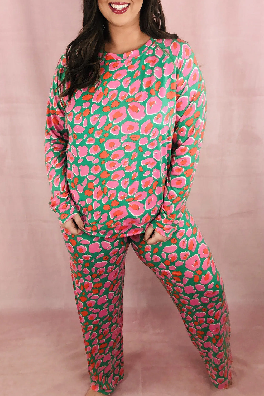 Green Plus Size Printed Long-Sleeve and Pants Lounge Set