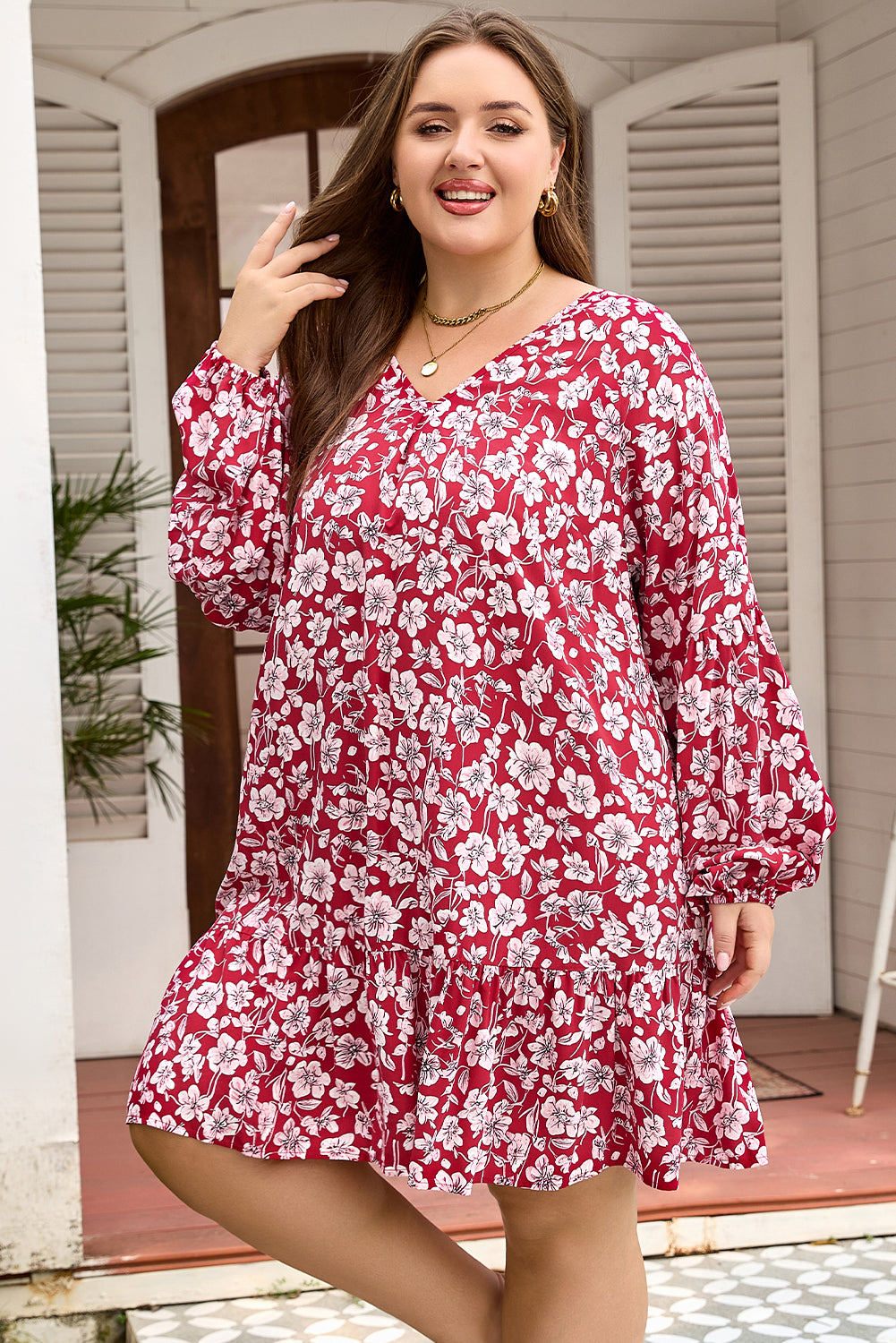 Purple Plus Floral Balloon Sleeve V-Neck Relaxed Dress
