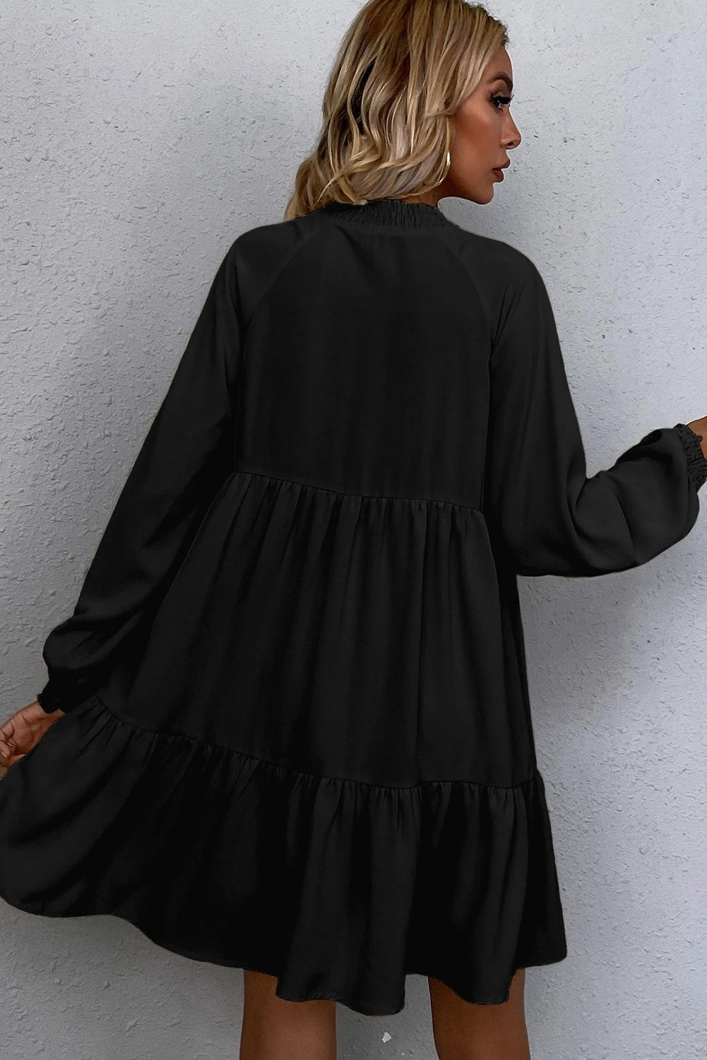 Black Tie Split Neck Smocked Detail Long Puff Sleeve Ruffle Hem Dress