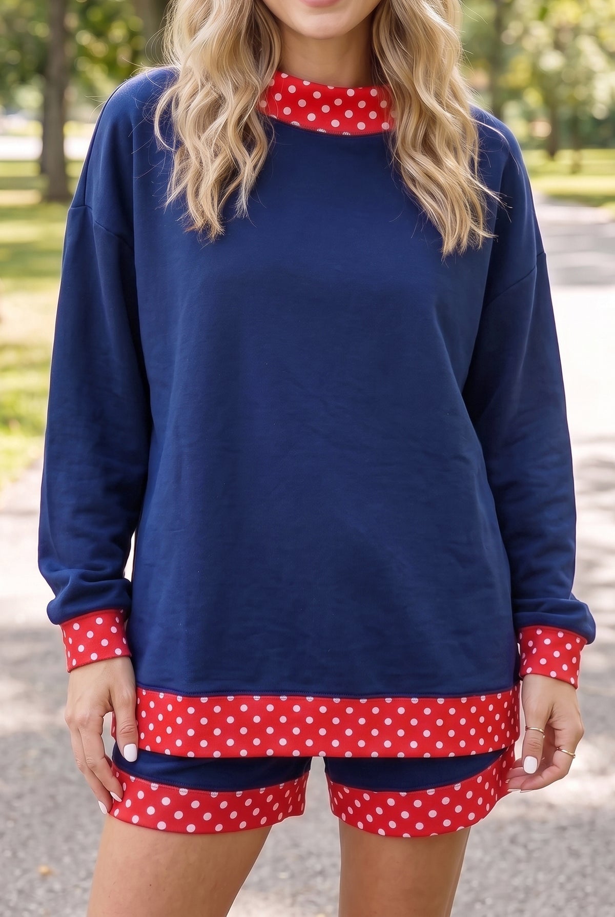 Women's Navy Blue Polka Dot Trim Baggy Pullover Two-Piece Shorts Set