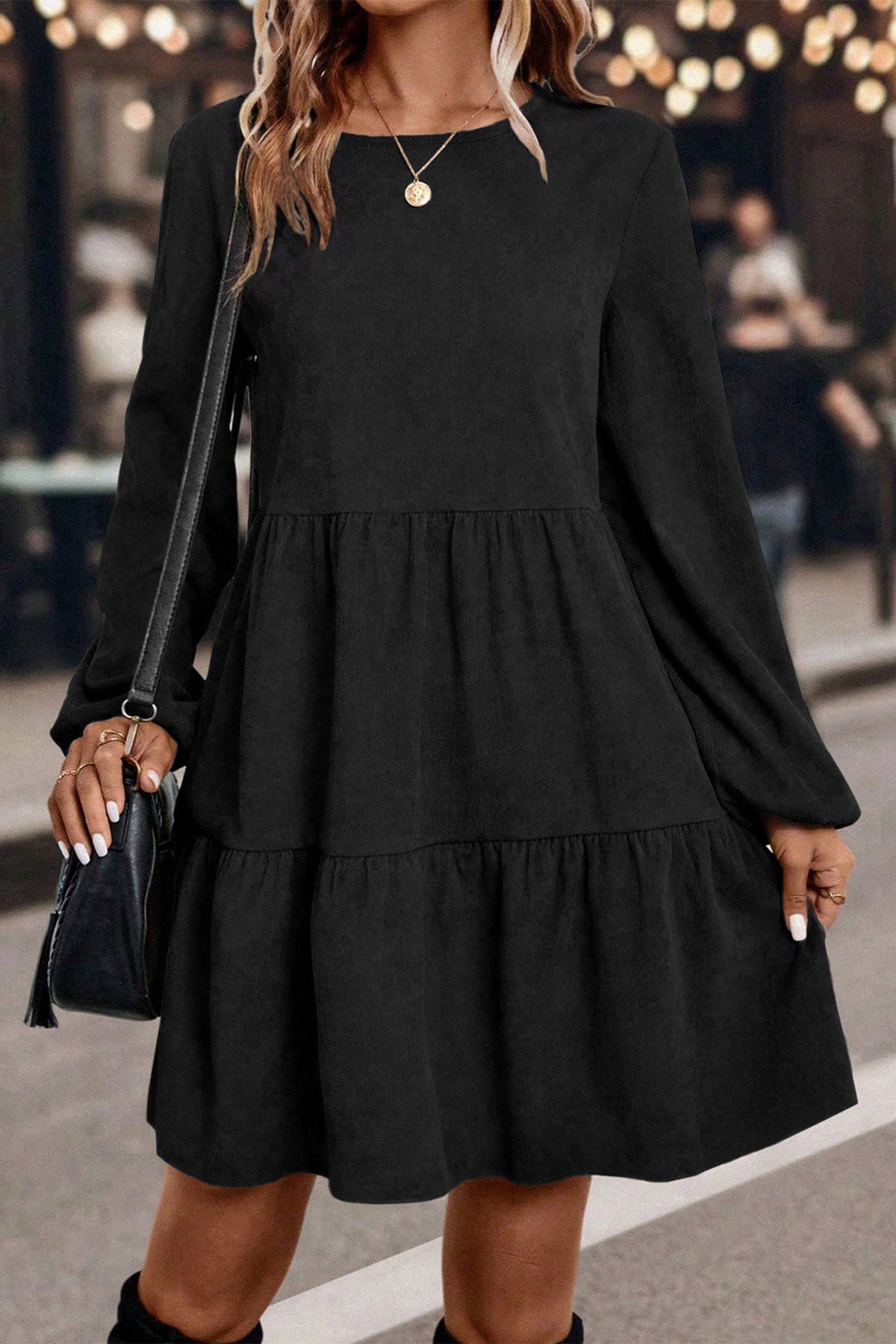 Mist Green Lantern Sleeve Tiered Mini Dress