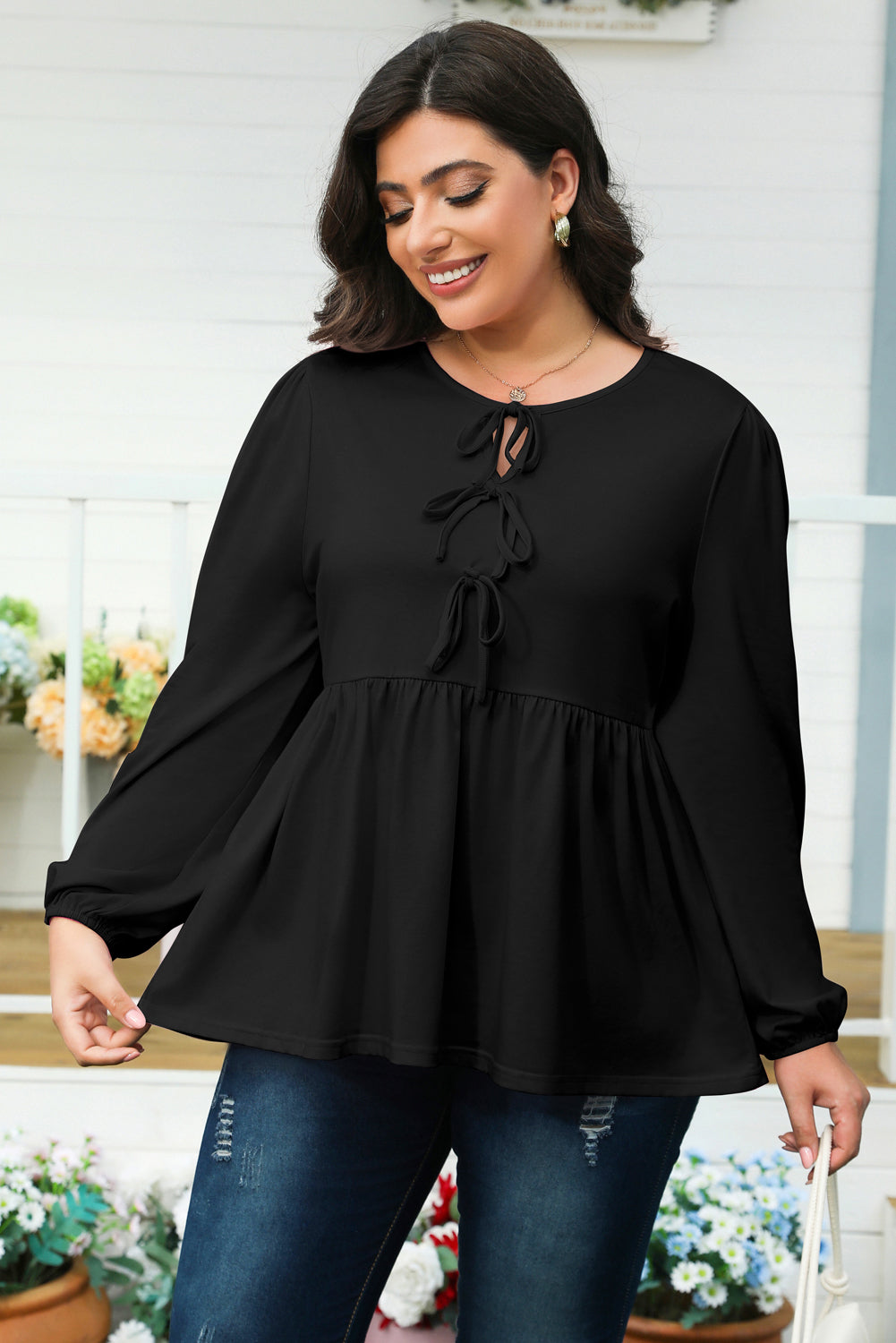 Black Solid Color Bow Tie Front Long-Sleeve Plus Size Peplum Blouse