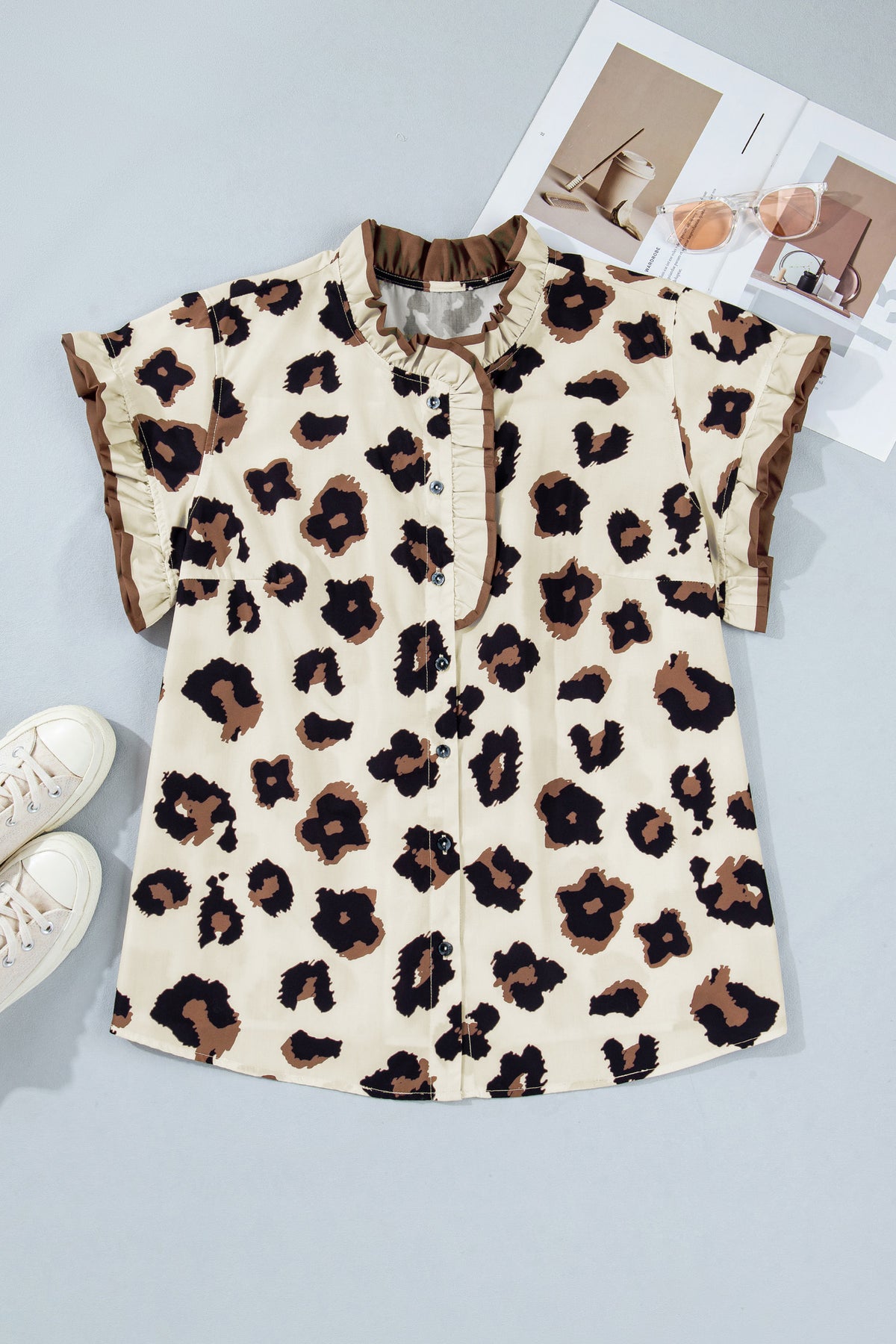Khaki Plus Size Leopard Print Frilled Color-Block Trim Button Down Short-Sleeve Blouse