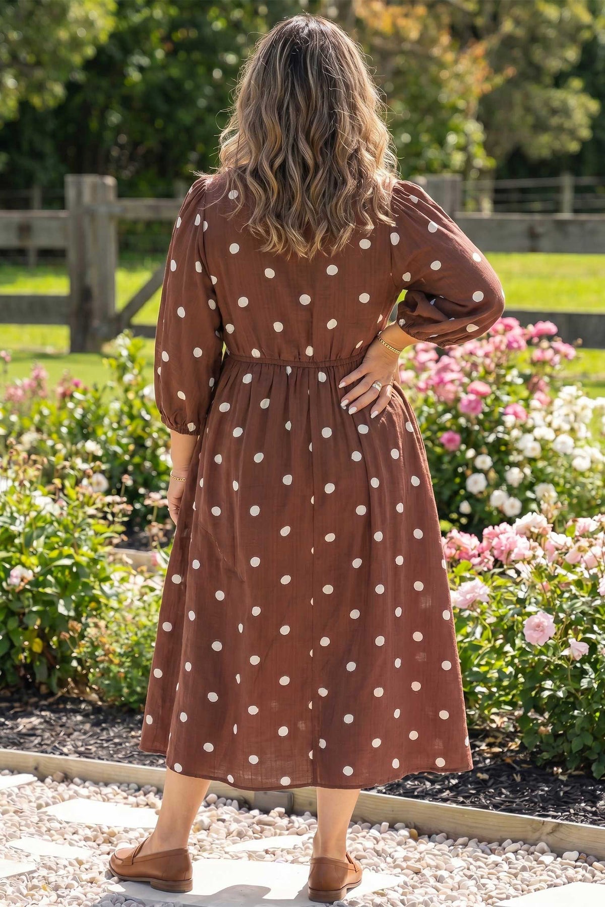 Brown Polka Dot V-Neck Abdomen Pocket Gathered Cuffs Long-Sleeve Shift Plus Size Dress