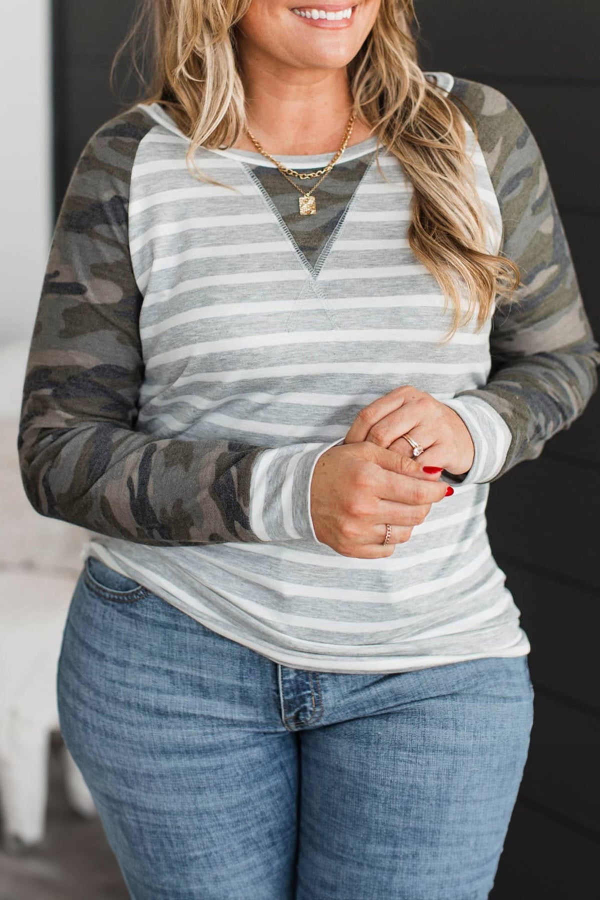 Gray Stripe Camo Sleeve Striped Color-Block Round-Neck Long-Sleeve Plus Size Blouse