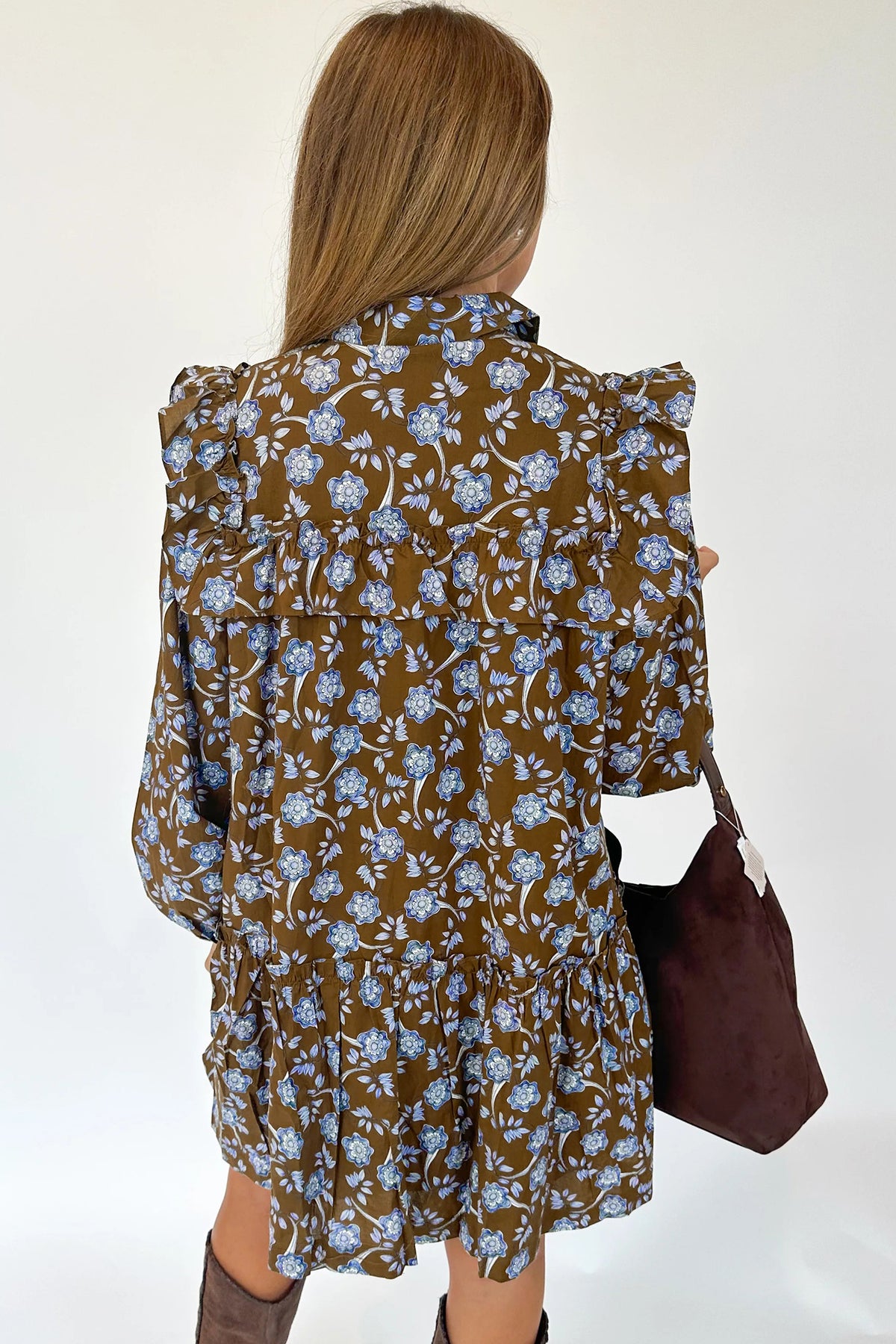 Brown Floral Print Ruffled Shirt Collar Button Down Long Sleeve Dress