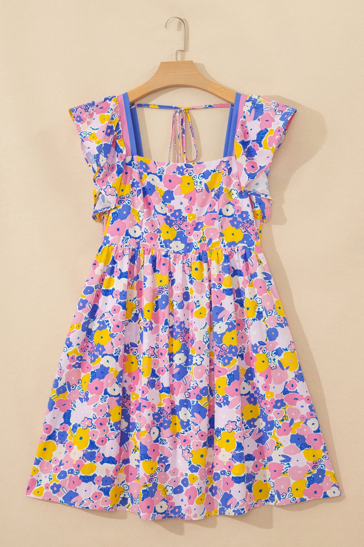 Multicolour Floral Print Flutter Sleeve Striped Square Neck Mini Dress
