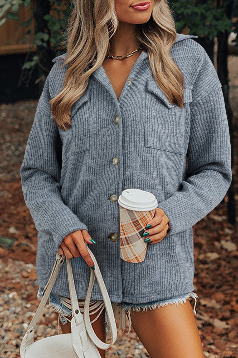 Red Sandalwood Ribbed Knit Buttons Front Flap Pocket Shacket