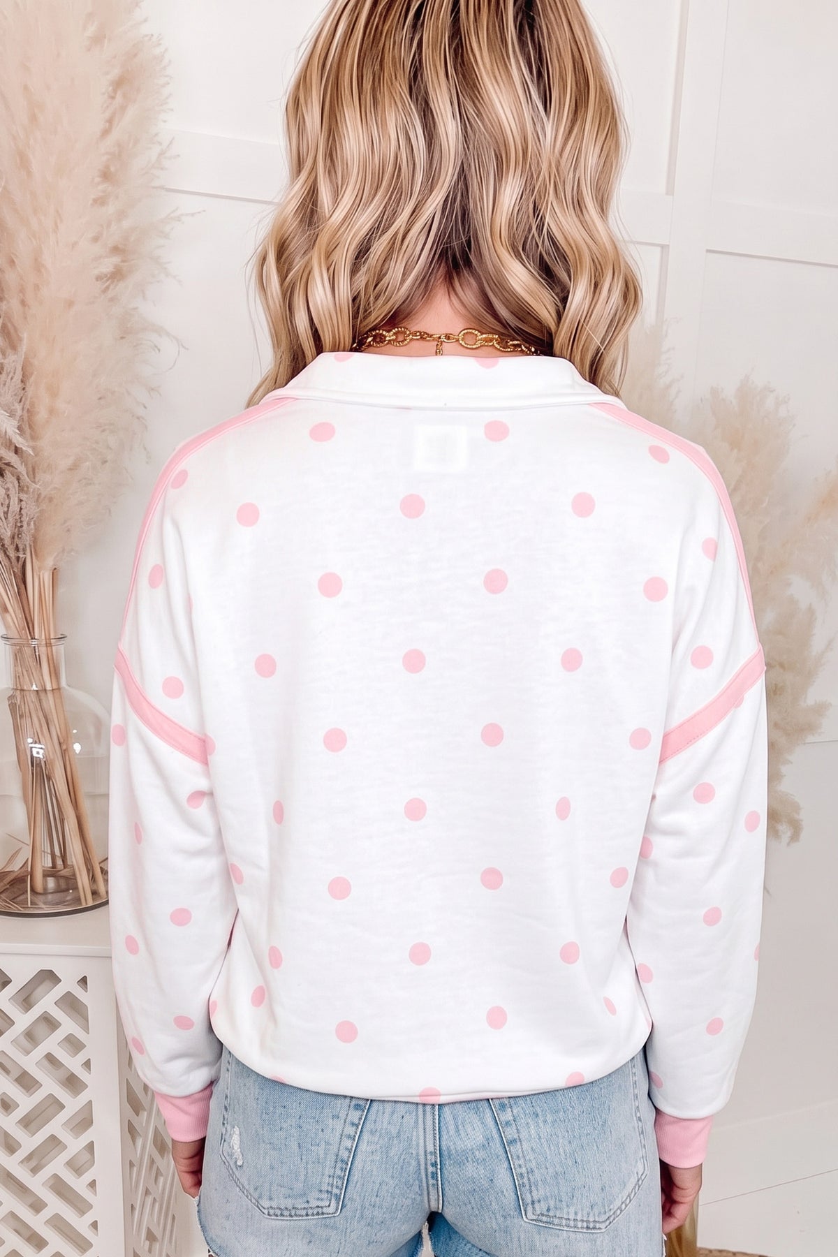 Pink Polka Dot Half Zip Drop Shoulder Sweatshirt