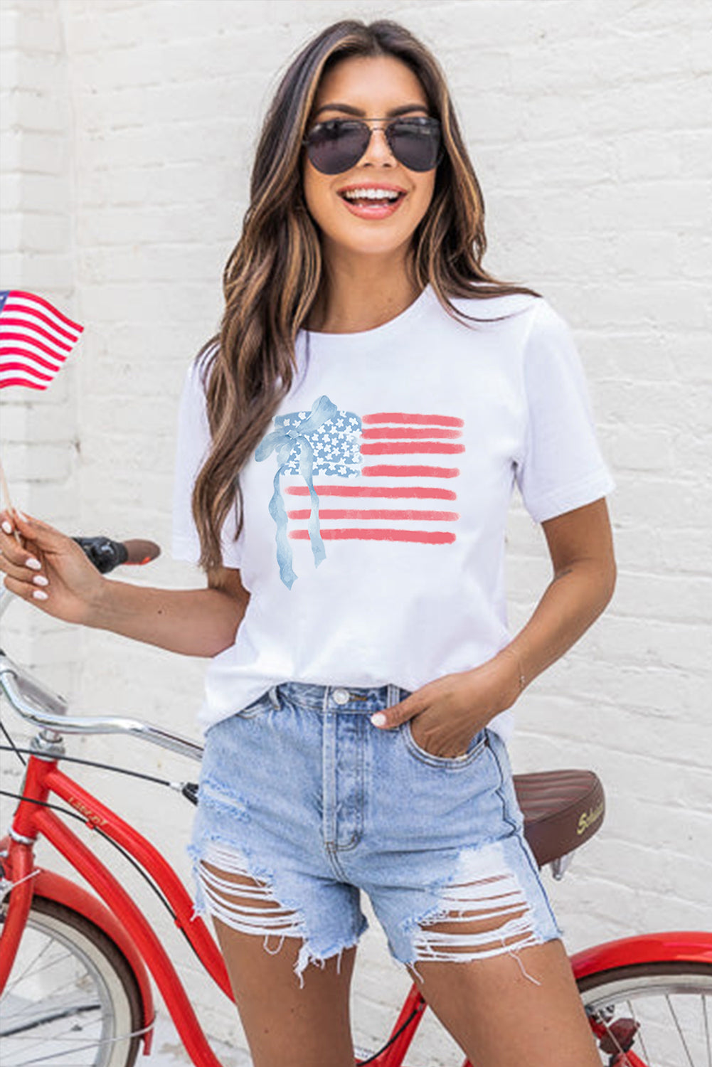 White American Flag Bow Knot Print Crew Neck T-Shirt