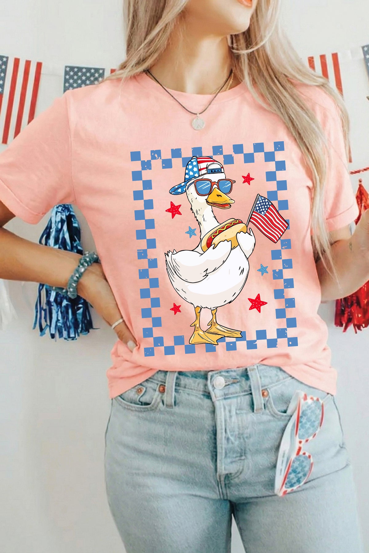 Pink America Goose 4th Of July Patriotic Flag Graphic T-Shirt