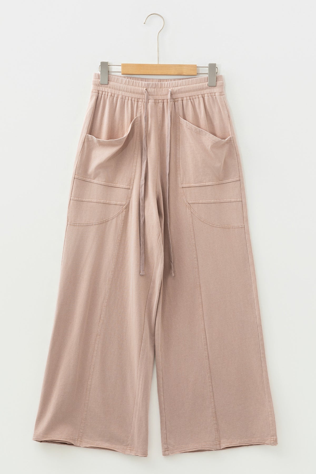 Smoke Gray Solid Mineral Wash Piping Trim Pocketed Wide Leg Pants