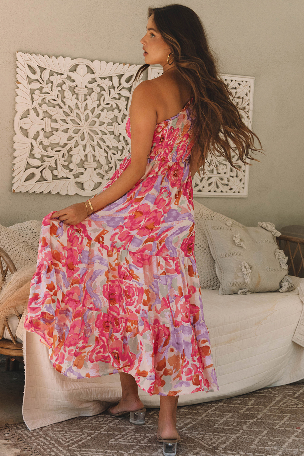Pink Abstract One-Shoulder Maxi Dress